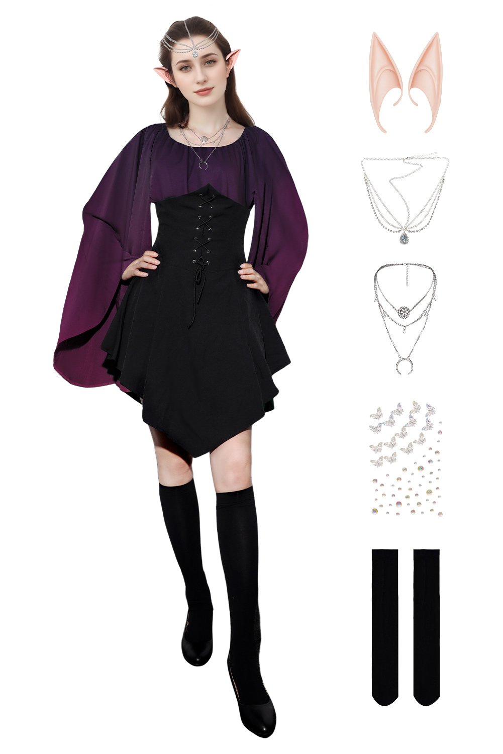 Women Renaissance Purple Gradient Elf Dress 7 Pieces Set Outfits Halloween Retro Suit