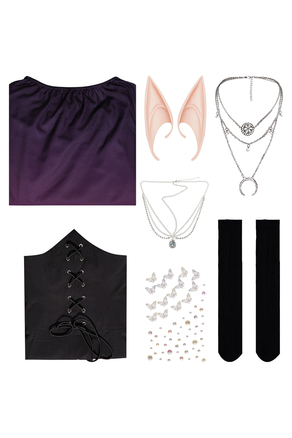 Women Renaissance Purple Gradient Elf Dress 7 Pieces Set Outfits Halloween Retro Suit