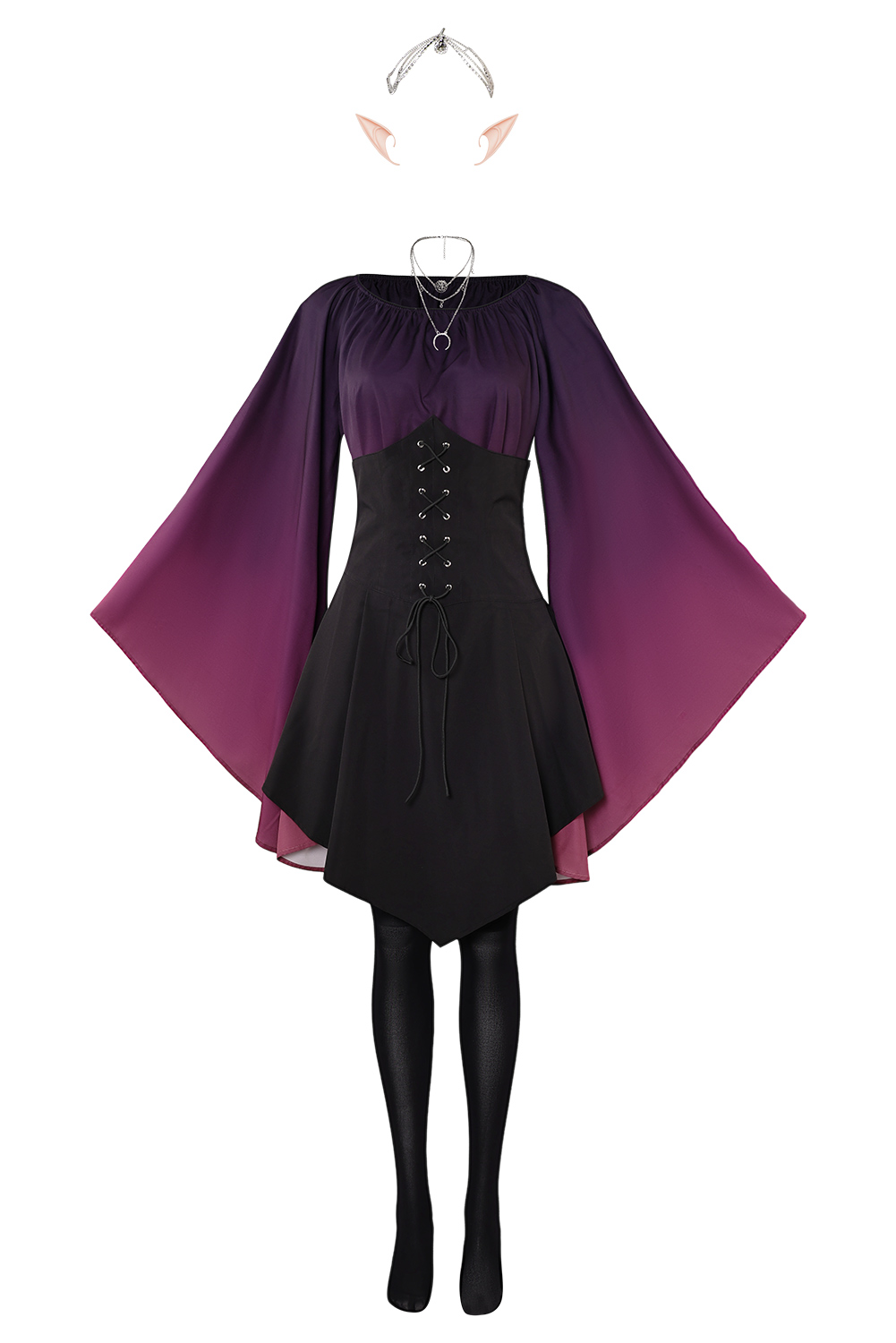 Women Renaissance Purple Gradient Elf Dress 7 Pieces Set Outfits Halloween Retro Suit