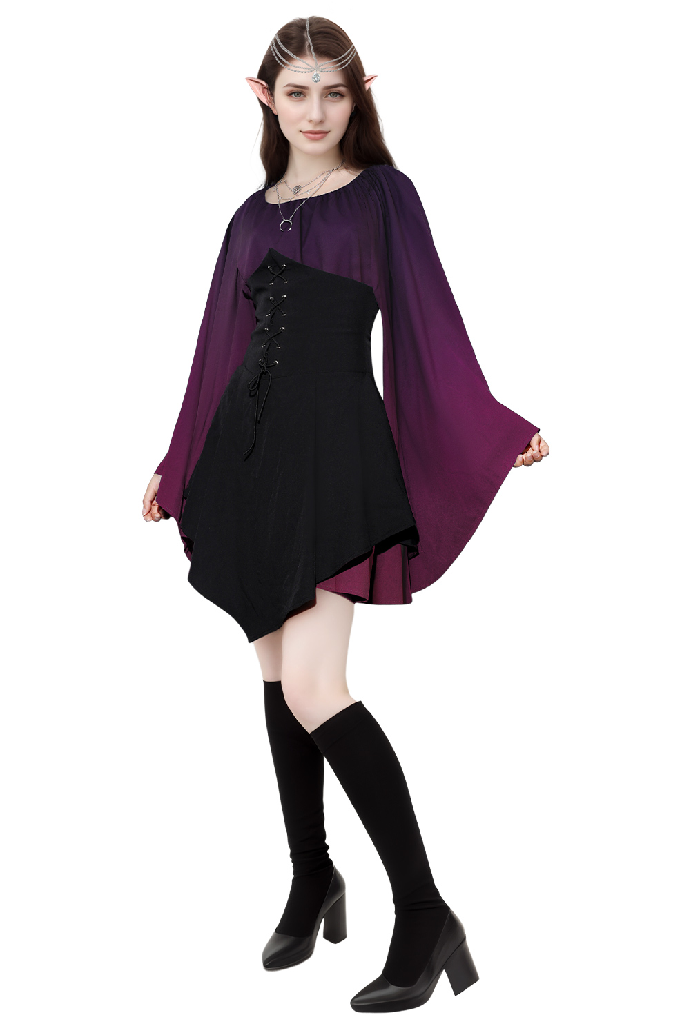 Women Renaissance Purple Gradient Elf Dress 7 Pieces Set Outfits Halloween Retro Suit