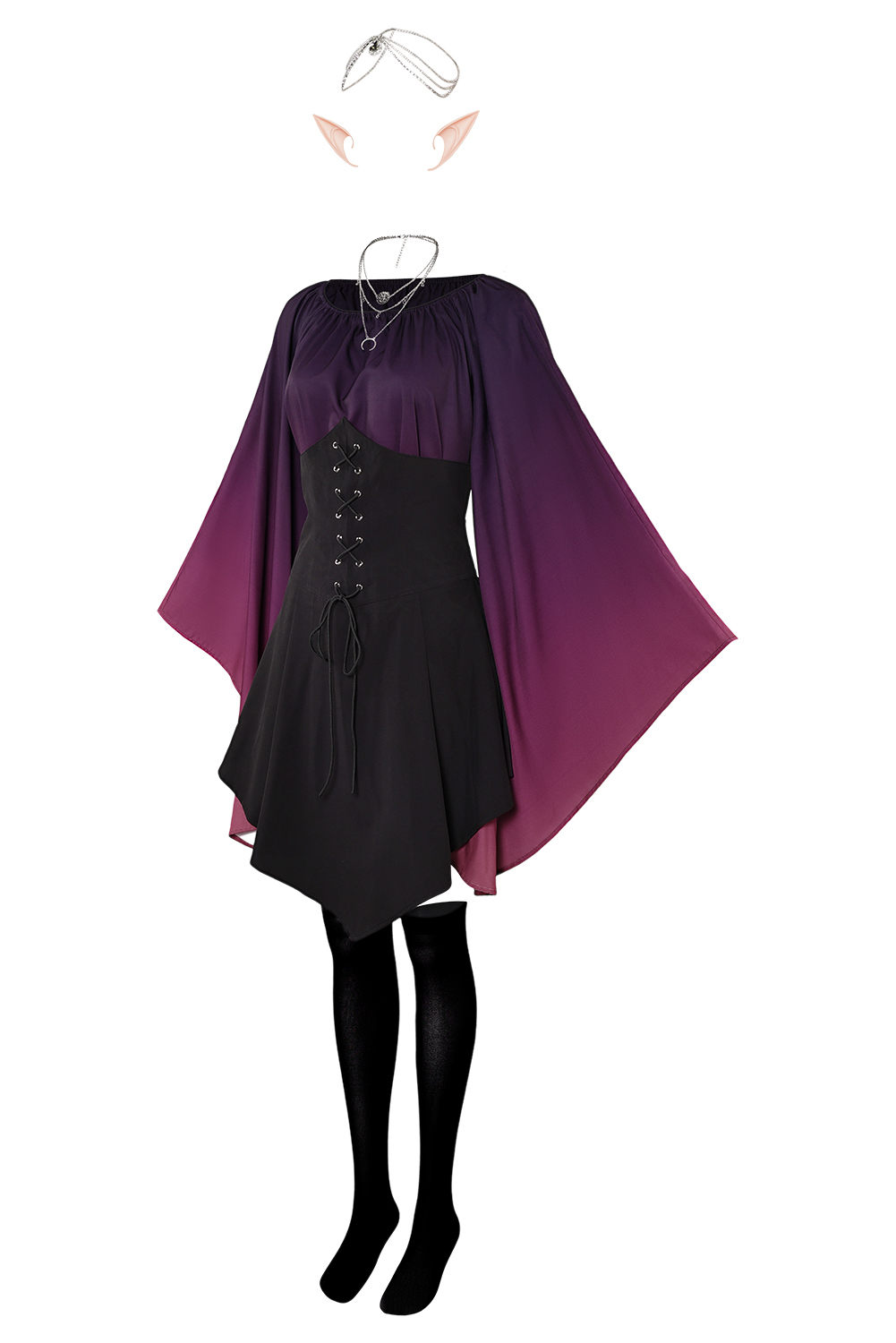 Women Renaissance Purple Gradient Elf Dress 7 Pieces Set Outfits Halloween Retro Suit
