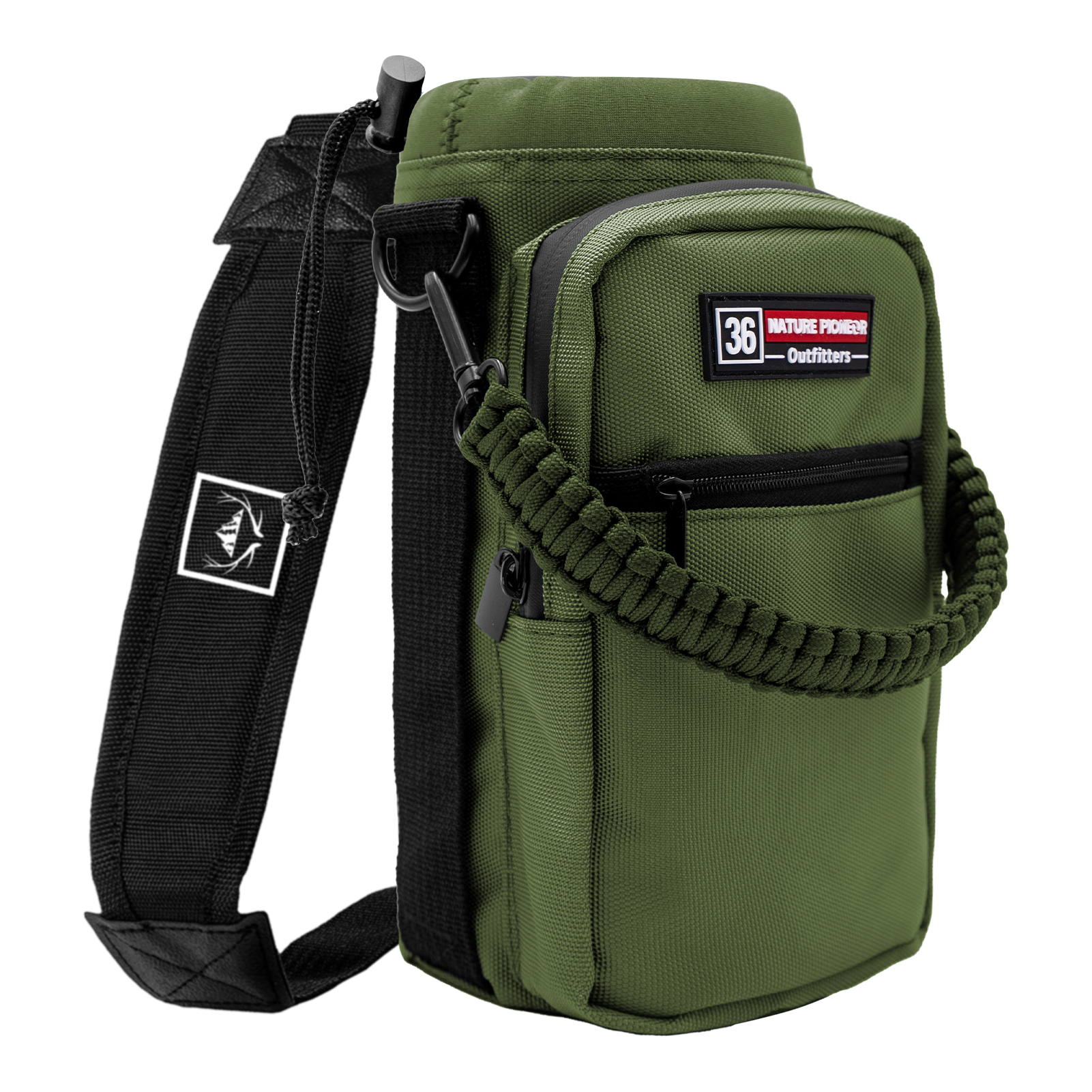 NATURE PIONEOR Water Bottle Holder with Adjustable Strap - 26/32/36/40/46/64oz Insulated Water Bottle Sling Carrier with Paracord Handle & 2 Pockets, Outdoor Sports, Hiking, Camping, Gym