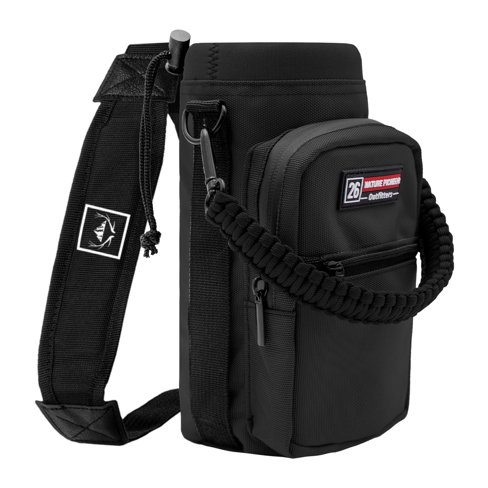 NATURE PIONEOR Water Bottle Holder with Adjustable Strap - 26/32/36/40/46/64oz Insulated Water Bottle Sling Carrier with Paracord Handle & 2 Pockets, Outdoor Sports, Hiking, Camping, Gym