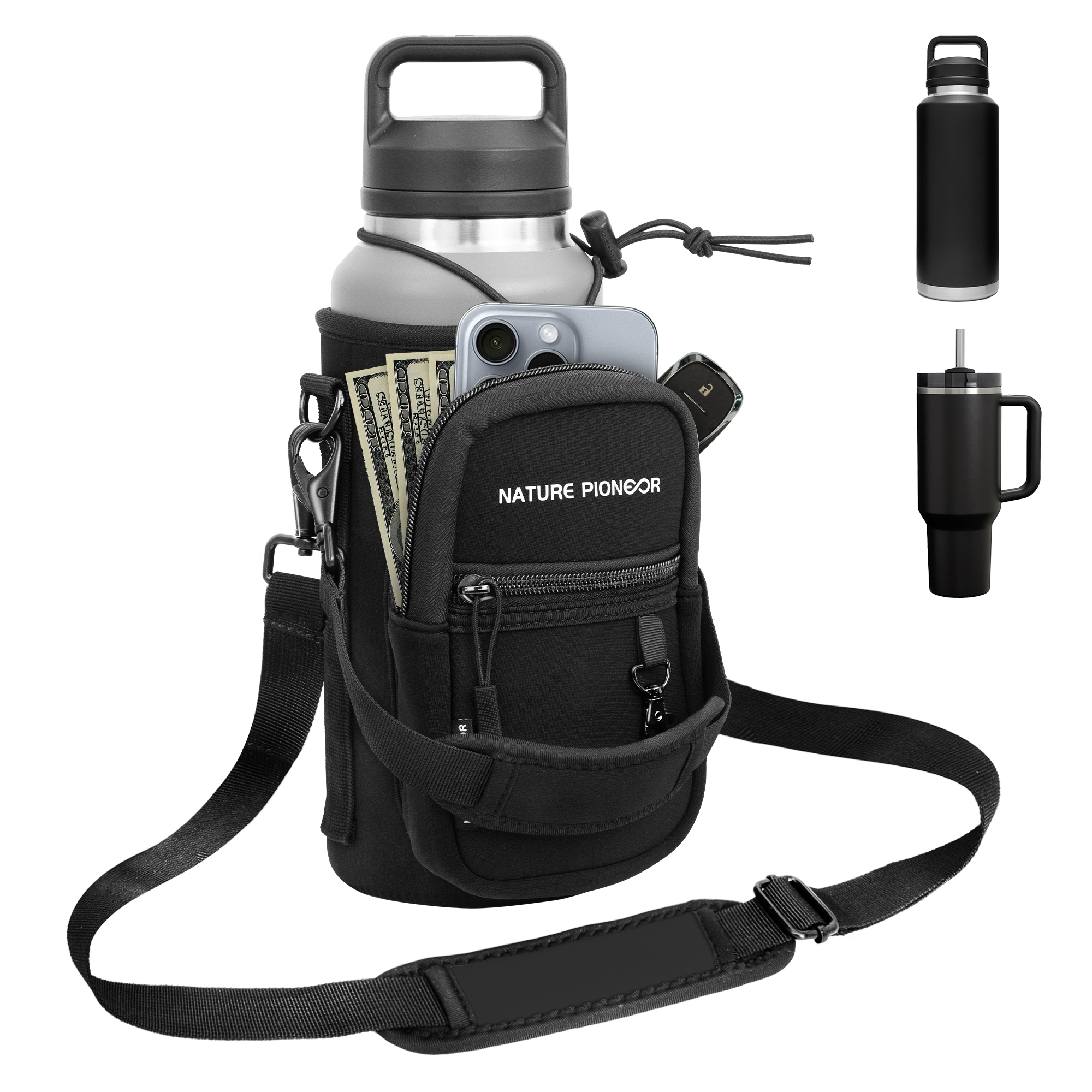 NATURE PIONEOR Water Bottle Holder with Strap,Water Bottle Carrier Bag Sling Sleeve with Adjustable Shoulder Strap & Handle and Large Phone Pocket for Walking,Hiking,Travelling for 25oz/32oz/40oz/64oz