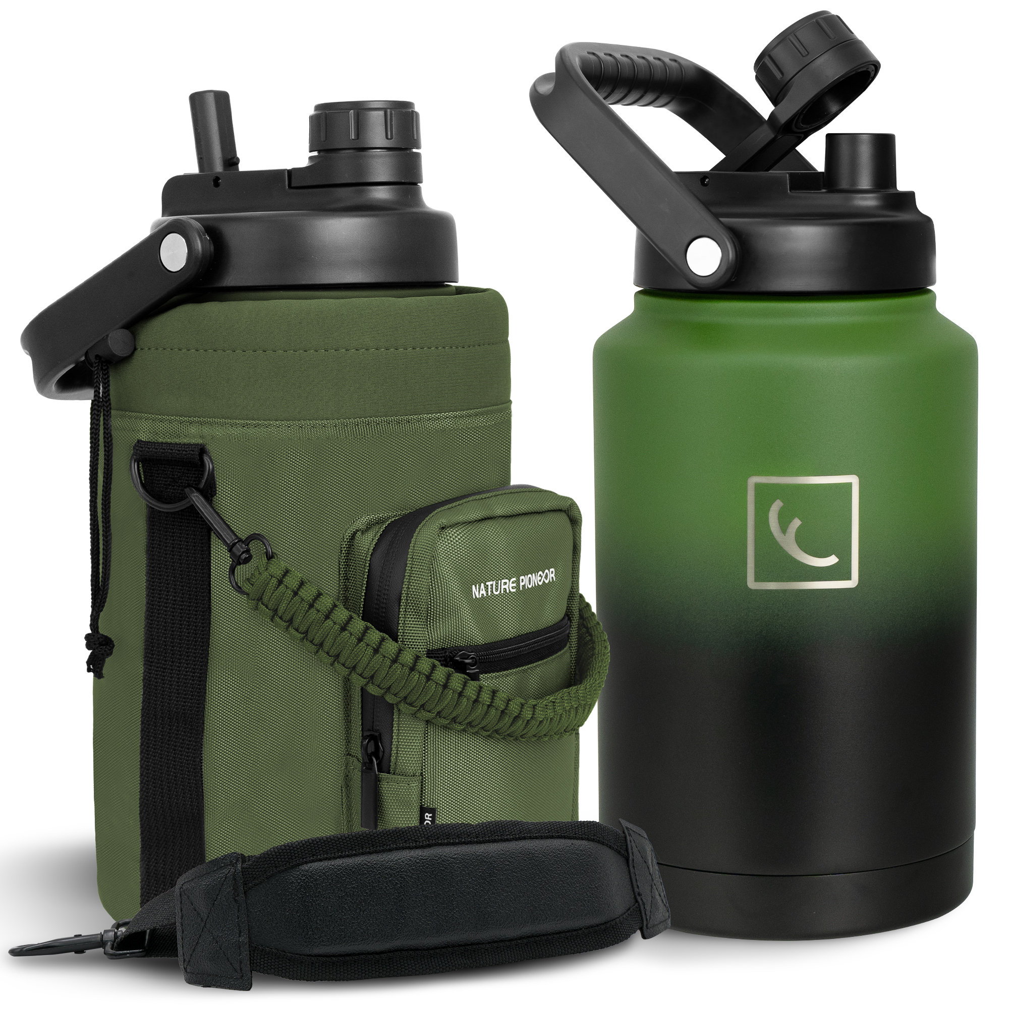 NATURE PIONEOR 1 Gallon Insulated Water Bottle - Double Vacuum Stainless Steel 128/64/84 oz Water Bottle with Holder/Carrier, Wide Mouth one/half gallon Water Jug for Outdoor Sports, Hiking, Camping, Gym