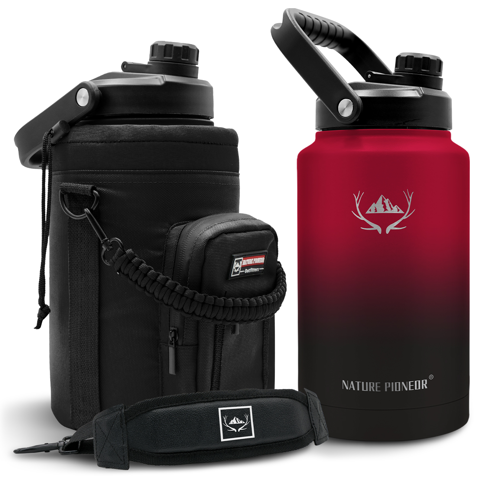 NATURE PIONEOR 1 Gallon Insulated Water Bottle - Double Vacuum Stainless Steel 128/64/84 oz Water Bottle with Holder/Carrier, Wide Mouth one/half gallon Water Jug for Outdoor Sports, Hiking, Camping, Gym