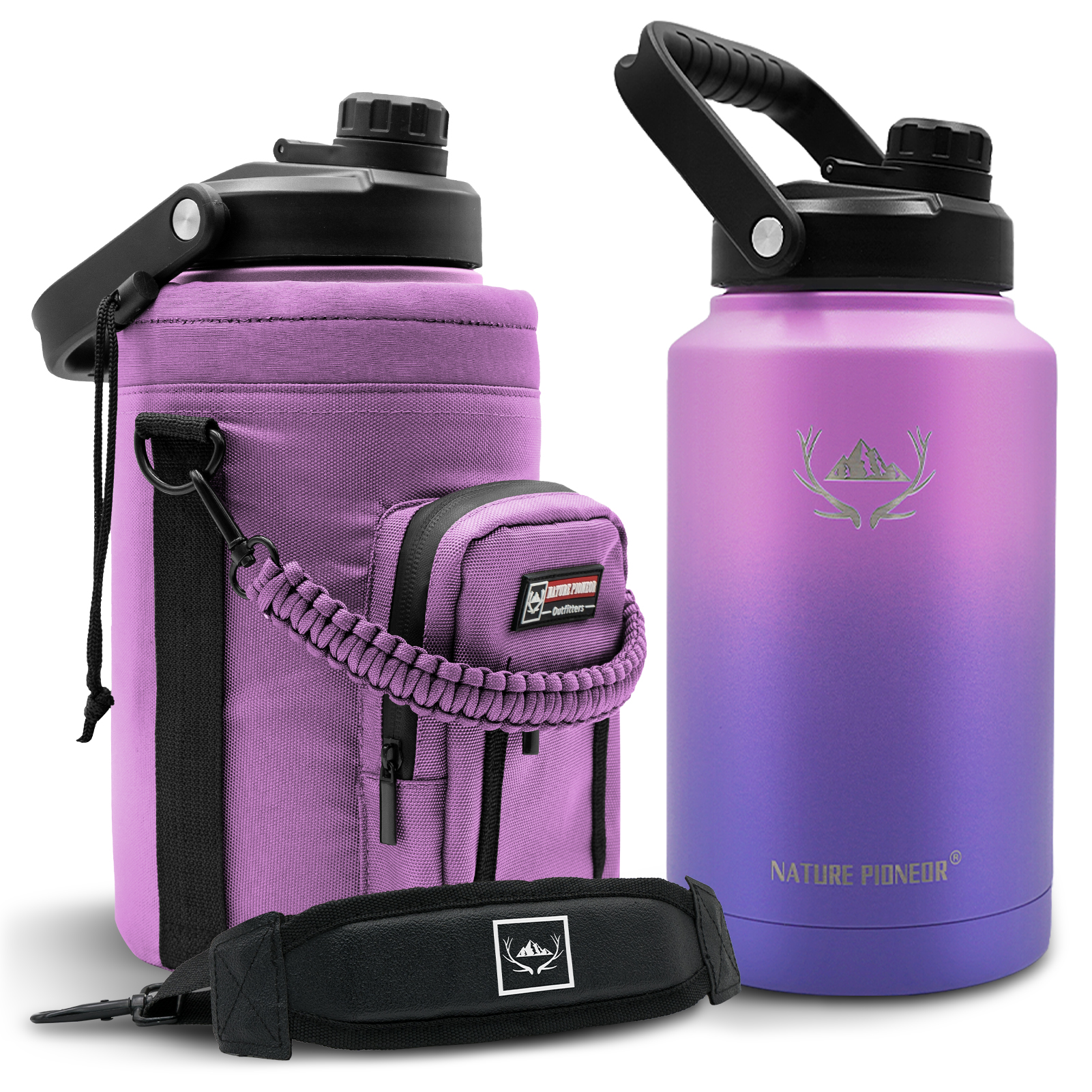 NATURE PIONEOR 1 Gallon Insulated Water Bottle - Double Vacuum Stainless Steel 128/64/84 oz Water Bottle with Holder/Carrier, Wide Mouth one/half gallon Water Jug for Outdoor Sports, Hiking, Camping, Gym