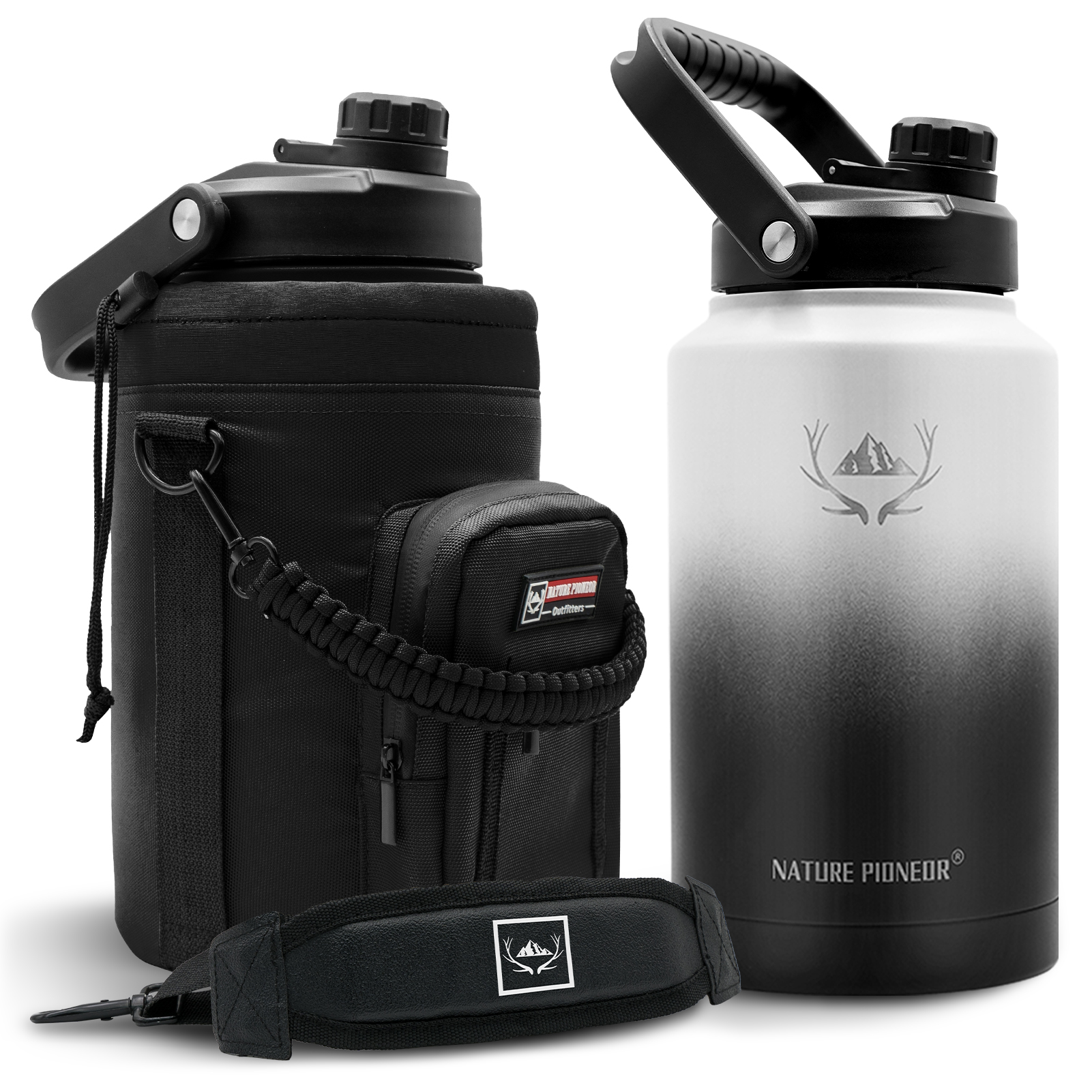 NATURE PIONEOR 1 Gallon Insulated Water Bottle - Double Vacuum Stainless Steel 128/64/84 oz Water Bottle with Holder/Carrier, Wide Mouth one/half gallon Water Jug for Outdoor Sports, Hiking, Camping, Gym