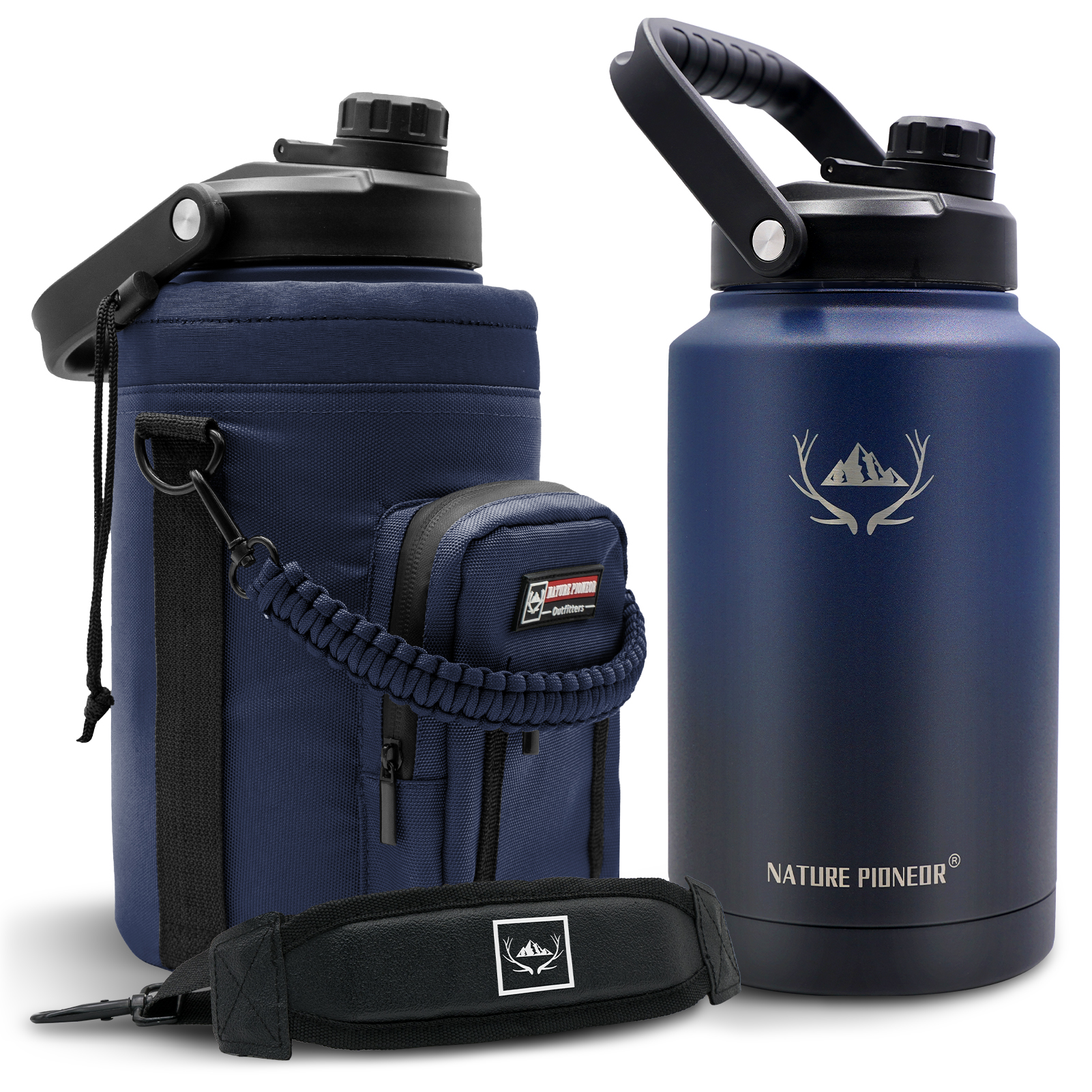NATURE PIONEOR 1 Gallon Insulated Water Bottle - Double Vacuum Stainless Steel 128/64/84 oz Water Bottle with Holder/Carrier, Wide Mouth one/half gallon Water Jug for Outdoor Sports, Hiking, Camping, Gym