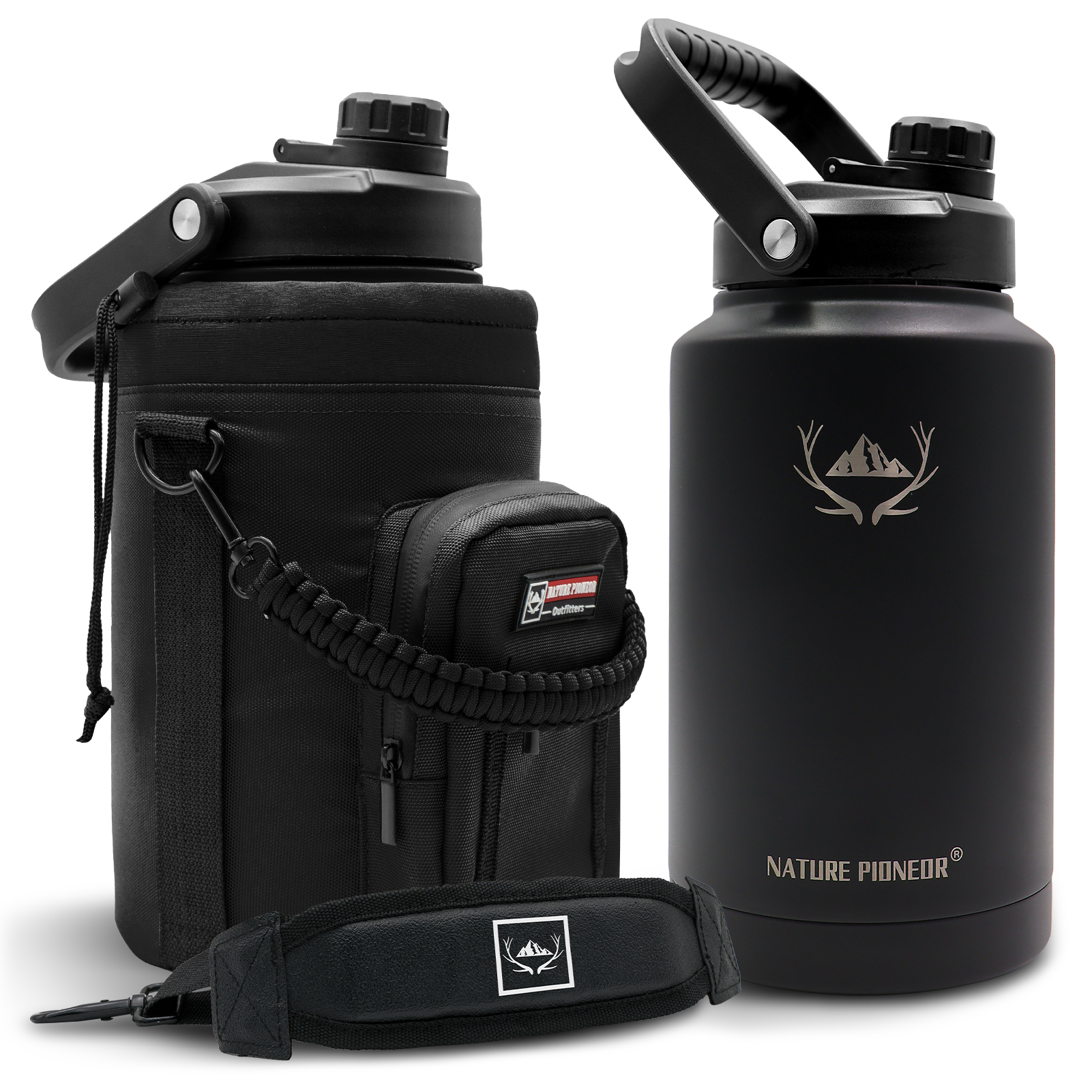 NATURE PIONEOR 1 Gallon Insulated Water Bottle - Double Vacuum Stainless Steel 128/64/84 oz Water Bottle with Holder/Carrier, Wide Mouth one/half gallon Water Jug for Outdoor Sports, Hiking, Camping, Gym