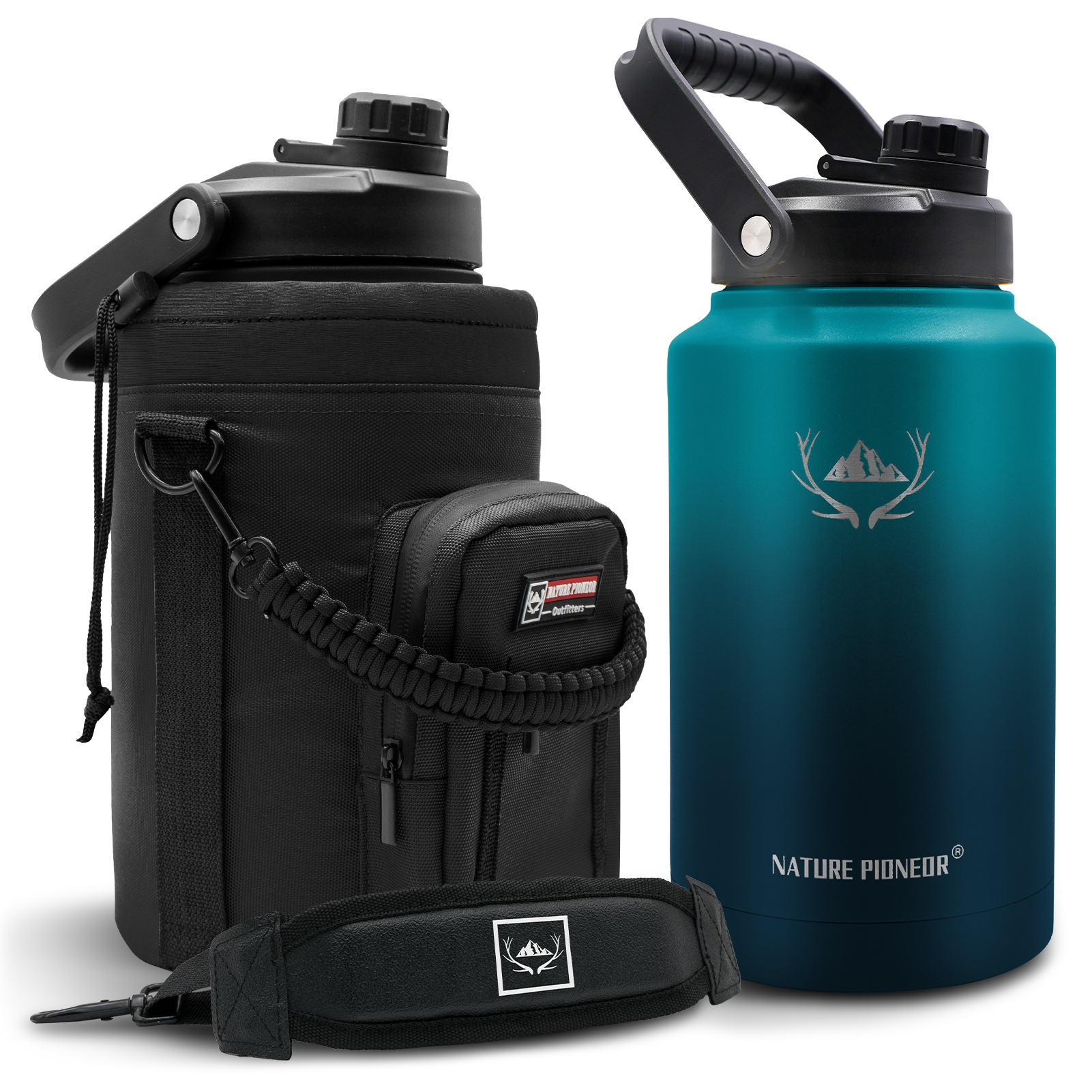 NATURE PIONEOR 1 Gallon Insulated Water Bottle - Double Vacuum Stainless Steel 128/64/84 oz Water Bottle with Holder/Carrier, Wide Mouth one/half gallon Water Jug for Outdoor Sports, Hiking, Camping, Gym