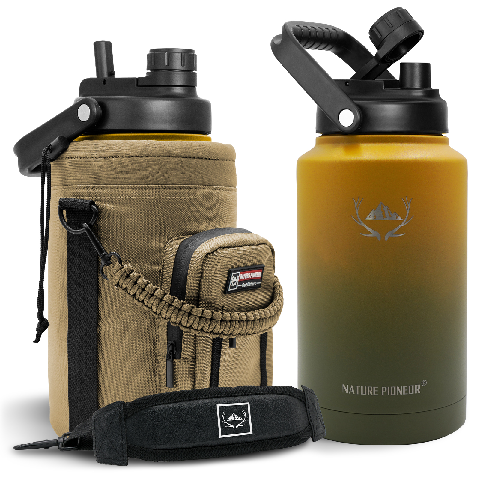 NATURE PIONEOR 1 Gallon Insulated Water Bottle - Double Vacuum Stainless Steel 128/64/84 oz Water Bottle with Holder/Carrier, Wide Mouth one/half gallon Water Jug for Outdoor Sports, Hiking, Camping, Gym