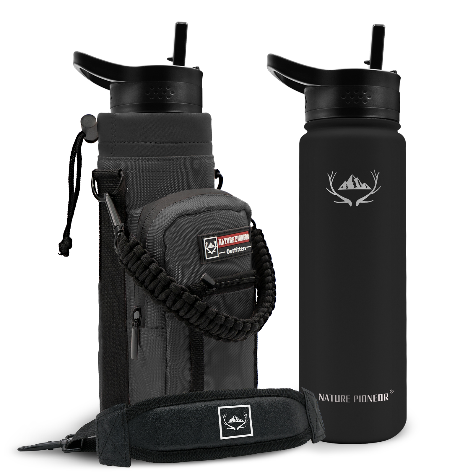 NATURE PIONEOR 64 oz Vacuum Insulated Water Bottle Set with Carrying Holder, 18/8 Food Grade Stainless Steel One Gallon Jug, Beer Growler with Carrier Pouch for Outdoor Camping