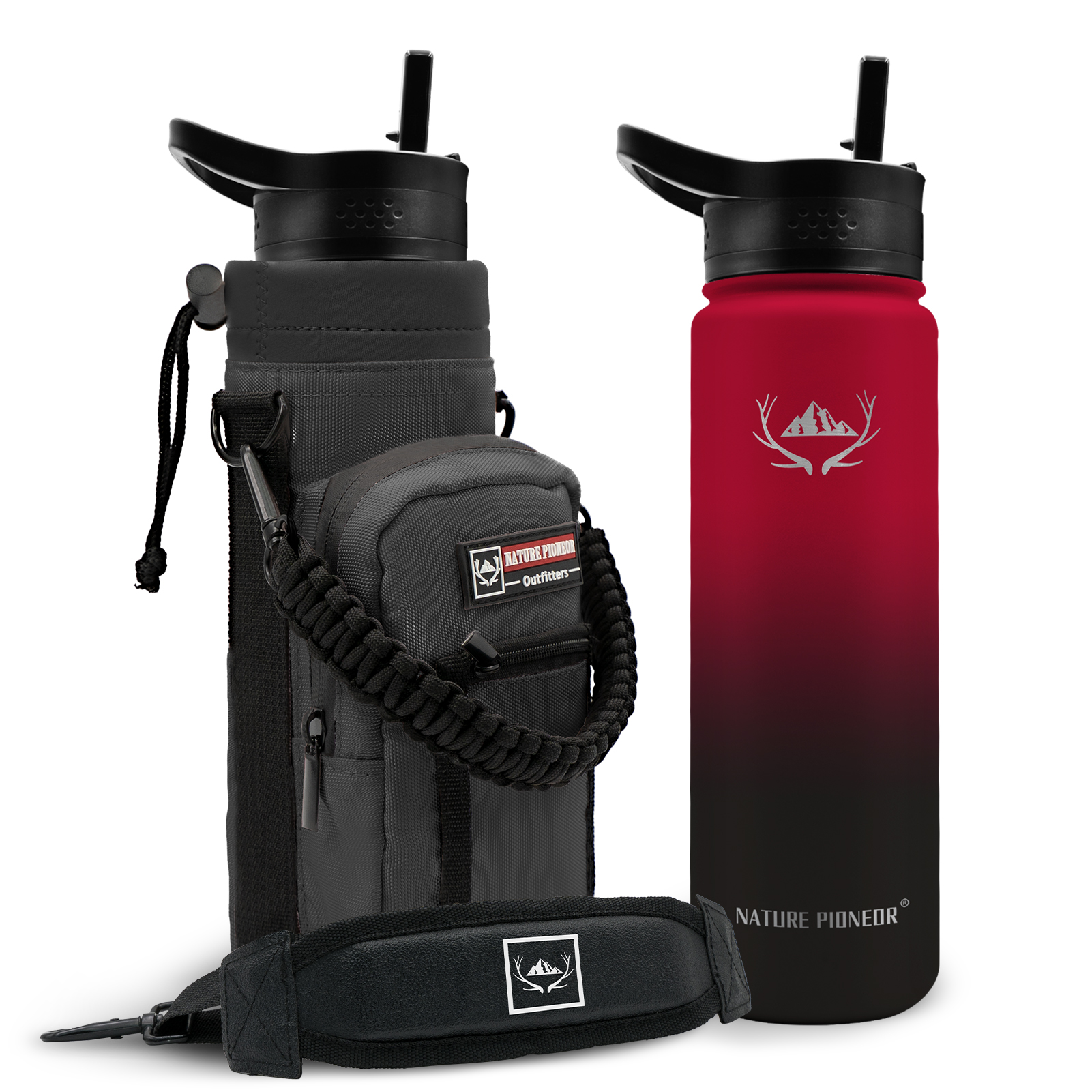 NATURE PIONEOR 64 oz Vacuum Insulated Water Bottle Set with Carrying Holder, 18/8 Food Grade Stainless Steel One Gallon Jug, Beer Growler with Carrier Pouch for Outdoor Camping