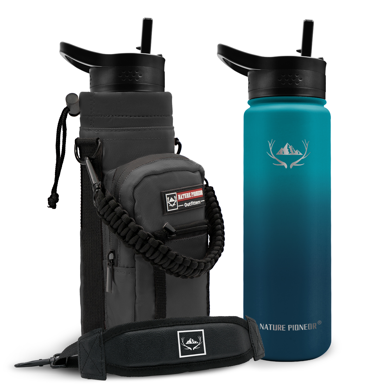 NATURE PIONEOR 64 oz Vacuum Insulated Water Bottle Set with Carrying Holder, 18/8 Food Grade Stainless Steel One Gallon Jug, Beer Growler with Carrier Pouch for Outdoor Camping