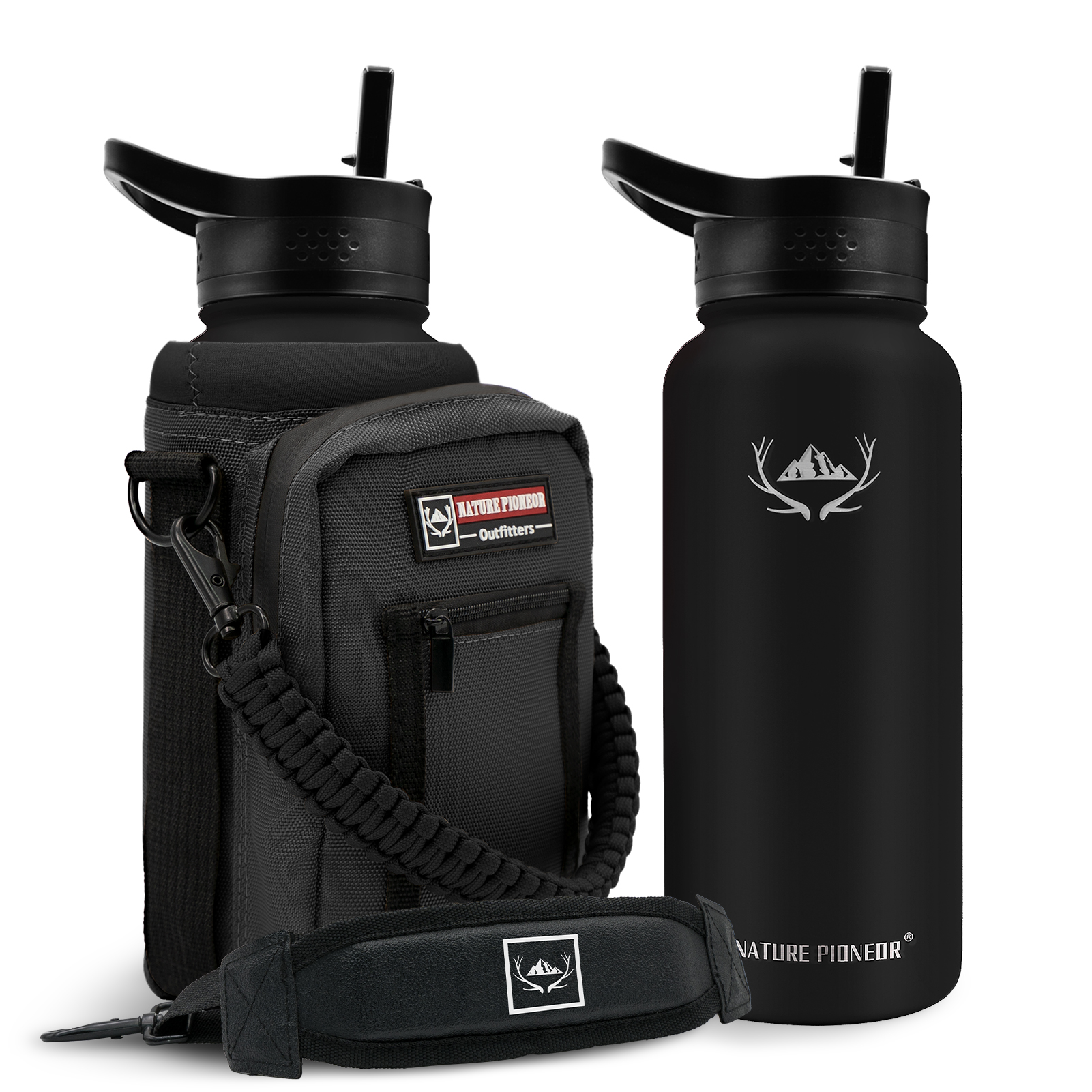 NATURE PIONEOR 64 oz Vacuum Insulated Water Bottle Set with Carrying Holder, 18/8 Food Grade Stainless Steel One Gallon Jug, Beer Growler with Carrier Pouch for Outdoor Camping