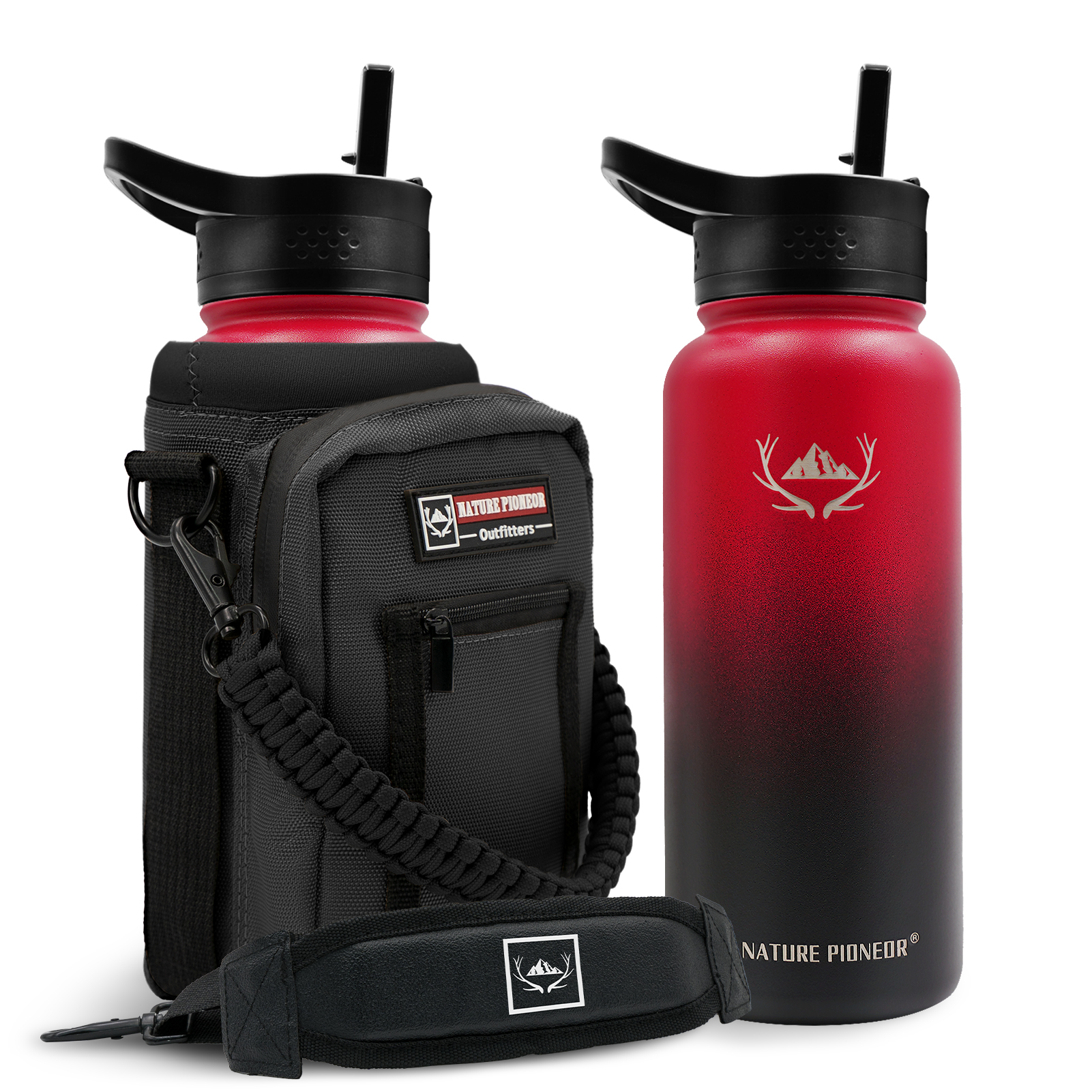 NATURE PIONEOR 64 oz Vacuum Insulated Water Bottle Set with Carrying Holder, 18/8 Food Grade Stainless Steel One Gallon Jug, Beer Growler with Carrier Pouch for Outdoor Camping