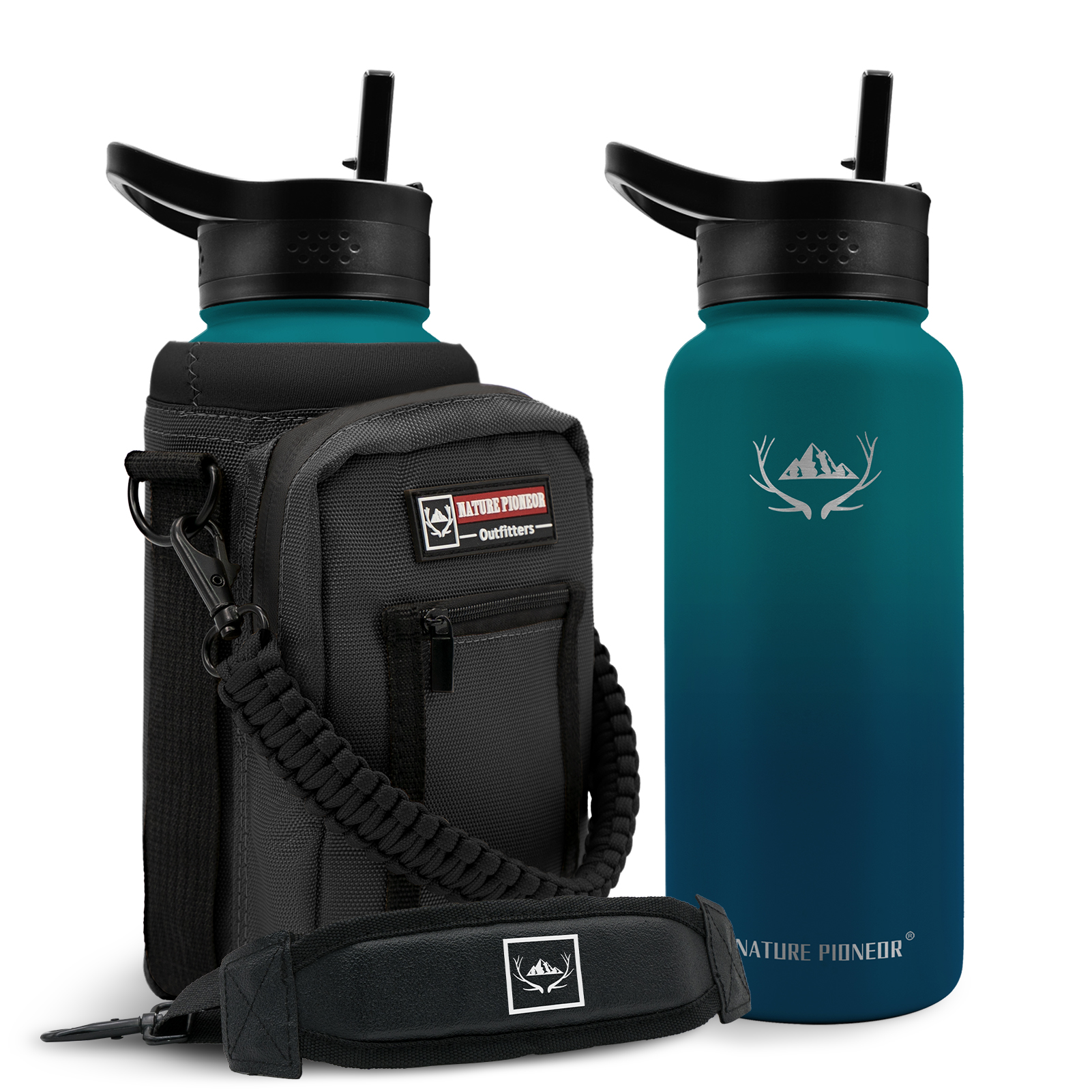 NATURE PIONEOR 64 oz Vacuum Insulated Water Bottle Set with Carrying Holder, 18/8 Food Grade Stainless Steel One Gallon Jug, Beer Growler with Carrier Pouch for Outdoor Camping