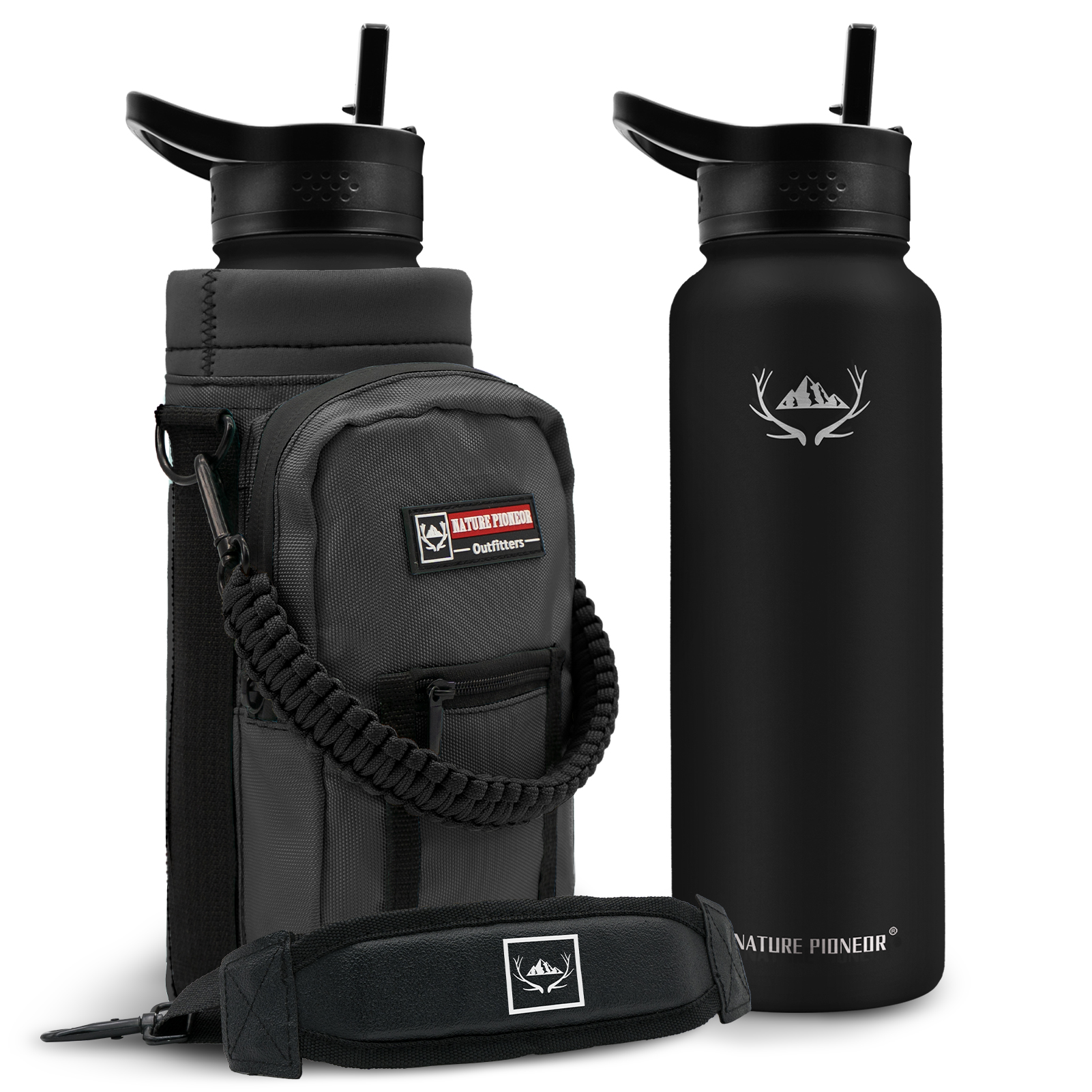 NATURE PIONEOR 64 oz Vacuum Insulated Water Bottle Set with Carrying Holder, 18/8 Food Grade Stainless Steel One Gallon Jug, Beer Growler with Carrier Pouch for Outdoor Camping