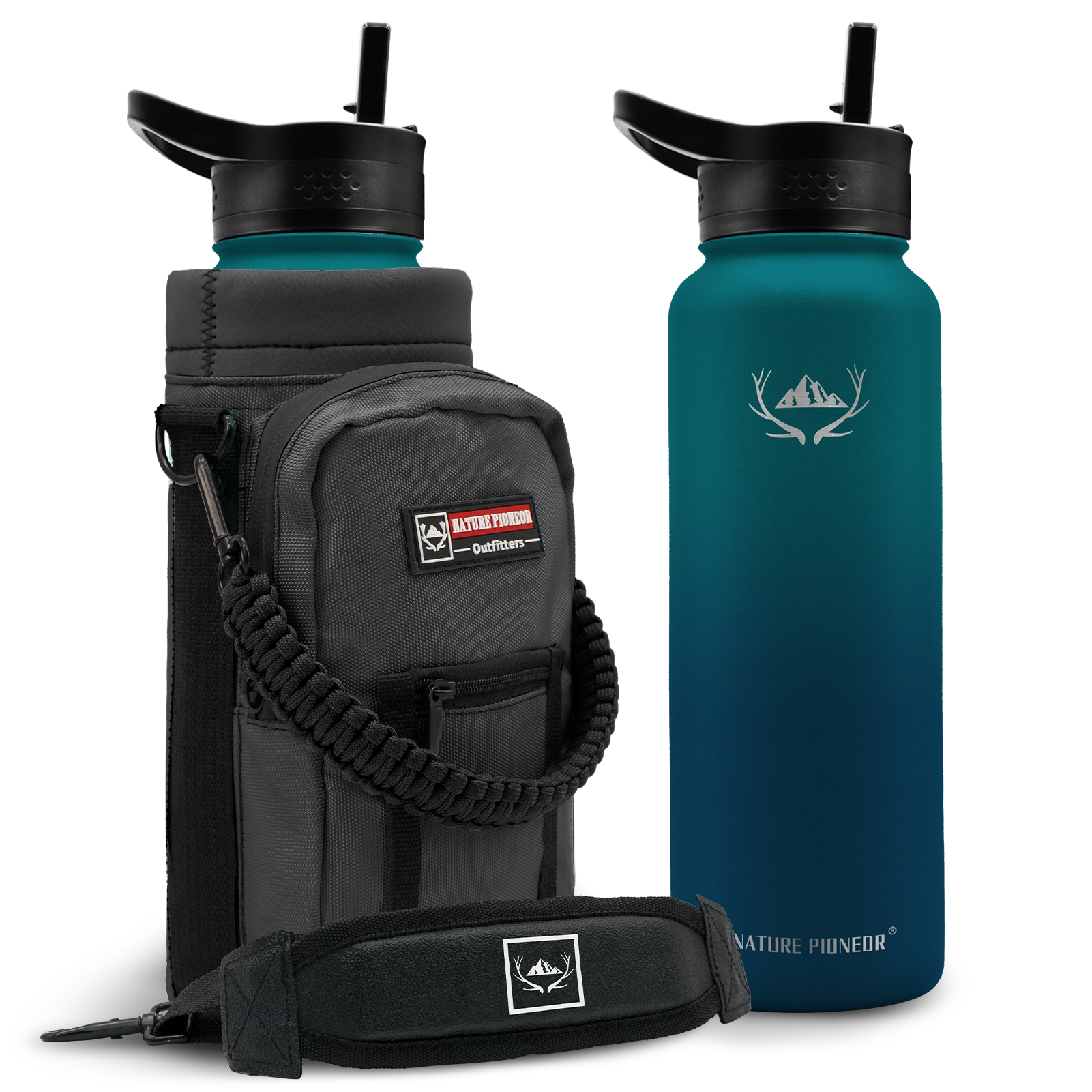 NATURE PIONEOR 64 oz Vacuum Insulated Water Bottle Set with Carrying Holder, 18/8 Food Grade Stainless Steel One Gallon Jug, Beer Growler with Carrier Pouch for Outdoor Camping
