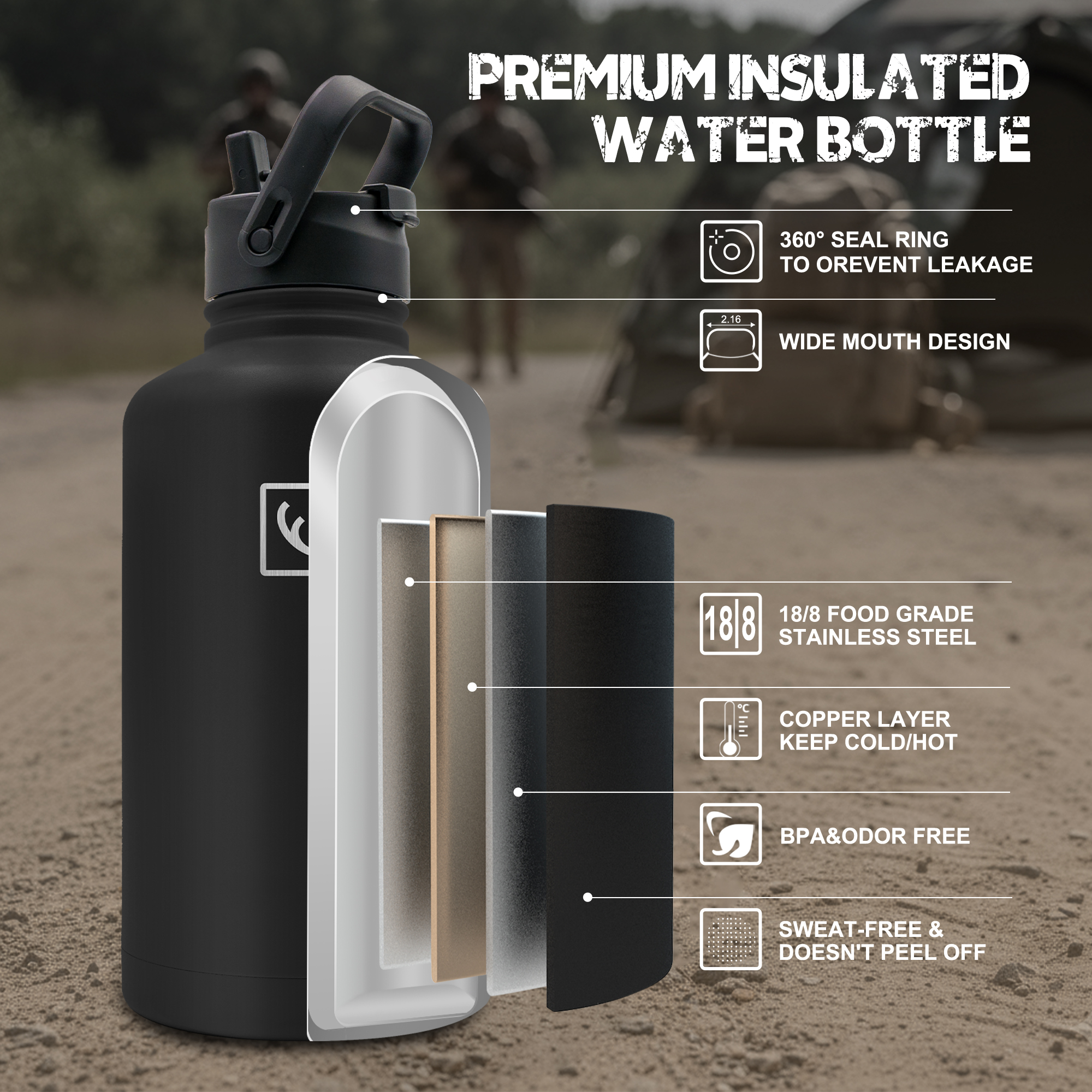 NATURE PIONEOR 64 oz Tactical Water Bottle Set, Stainless Steel Half Gallon Insulated Water Bottle with Tactical MOLLE Bottle Carrier Sleeve, for Outdoor Work, Gym, Hiking, Camping
