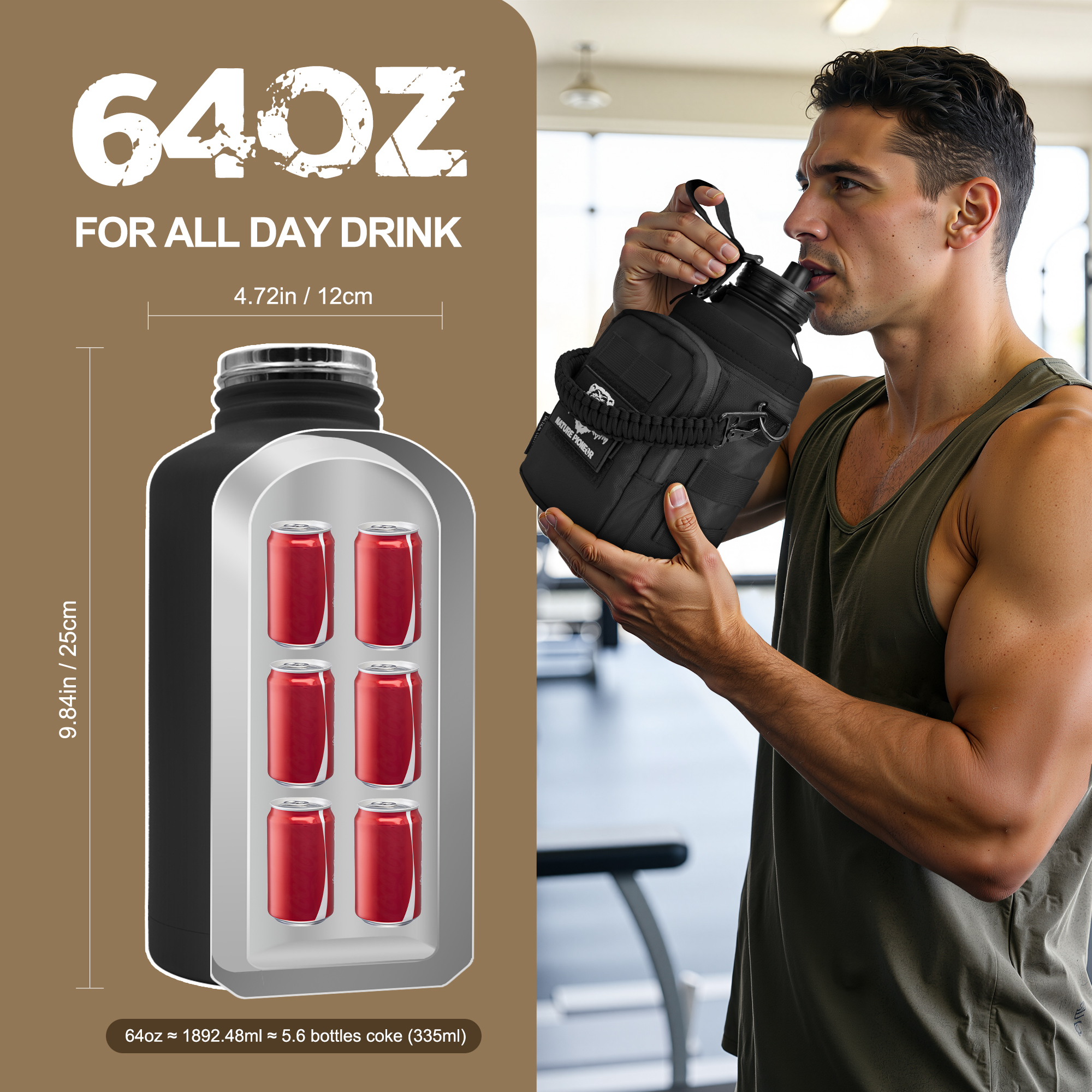 NATURE PIONEOR 64 oz Tactical Water Bottle Set, Stainless Steel Half Gallon Insulated Water Bottle with Tactical MOLLE Bottle Carrier Sleeve, for Outdoor Work, Gym, Hiking, Camping