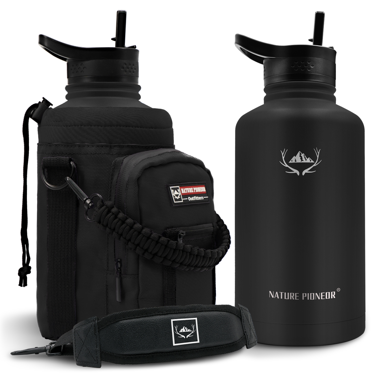 NATURE PIONEOR 64 oz Vacuum Insulated Water Bottle Set with Carrying Holder, 18/8 Food Grade Stainless Steel One Gallon Jug, Beer Growler with Carrier Pouch for Outdoor Camping