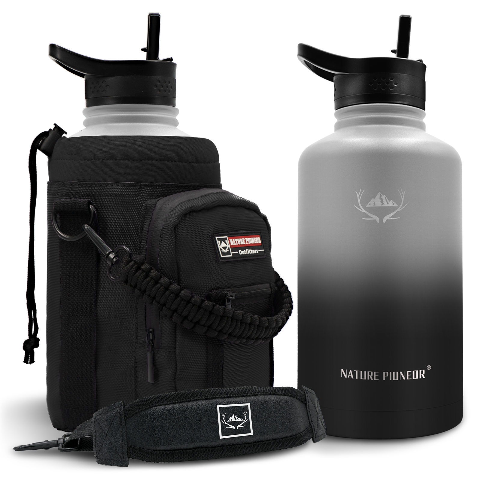 NATURE PIONEOR 64 oz Vacuum Insulated Water Bottle Set with Carrying Holder, 18/8 Food Grade Stainless Steel One Gallon Jug, Beer Growler with Carrier Pouch for Outdoor Camping