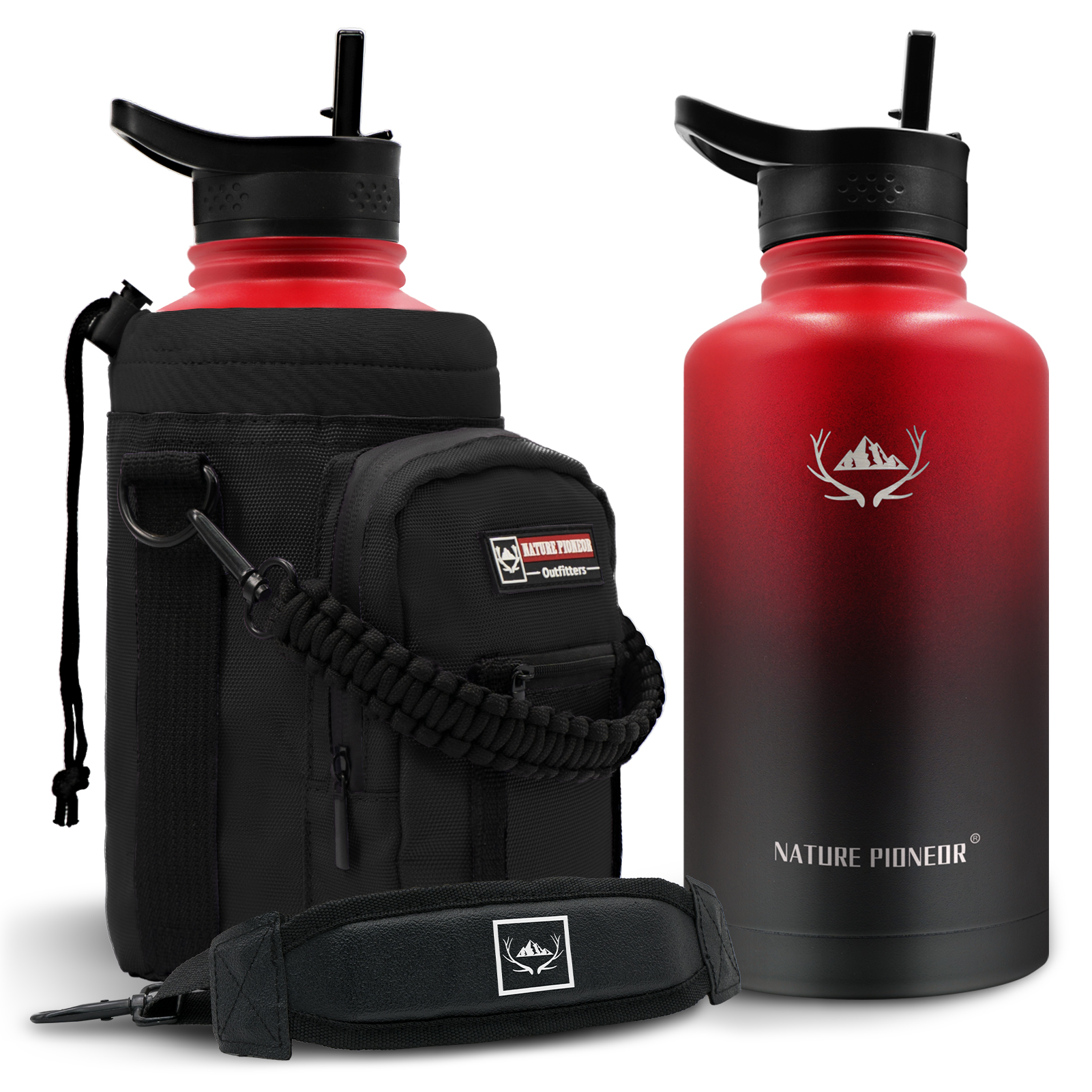 NATURE PIONEOR 64 oz Vacuum Insulated Water Bottle Set with Carrying Holder, 18/8 Food Grade Stainless Steel One Gallon Jug, Beer Growler with Carrier Pouch for Outdoor Camping
