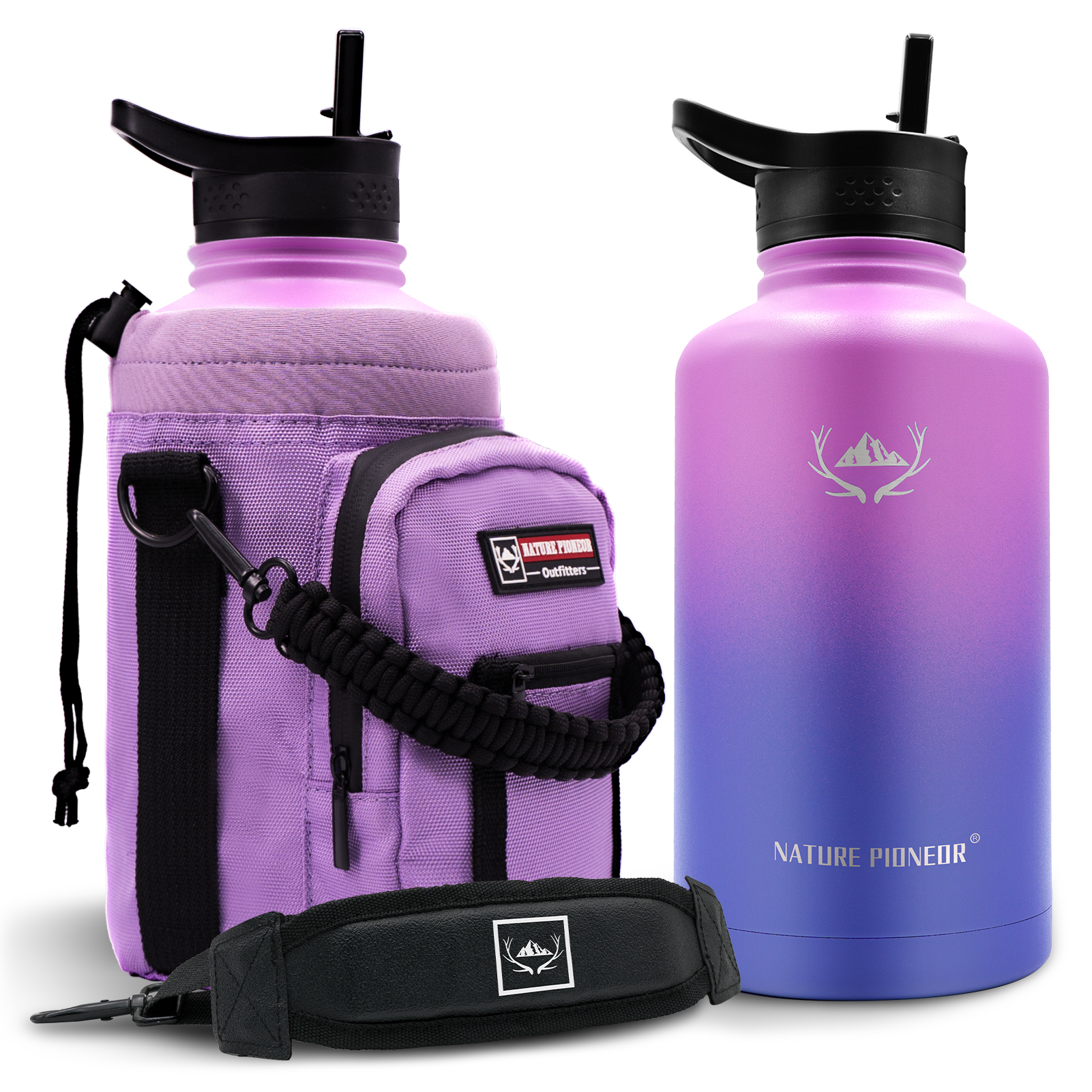 NATURE PIONEOR 64 oz Vacuum Insulated Water Bottle Set with Carrying Holder, 18/8 Food Grade Stainless Steel One Gallon Jug, Beer Growler with Carrier Pouch for Outdoor Camping