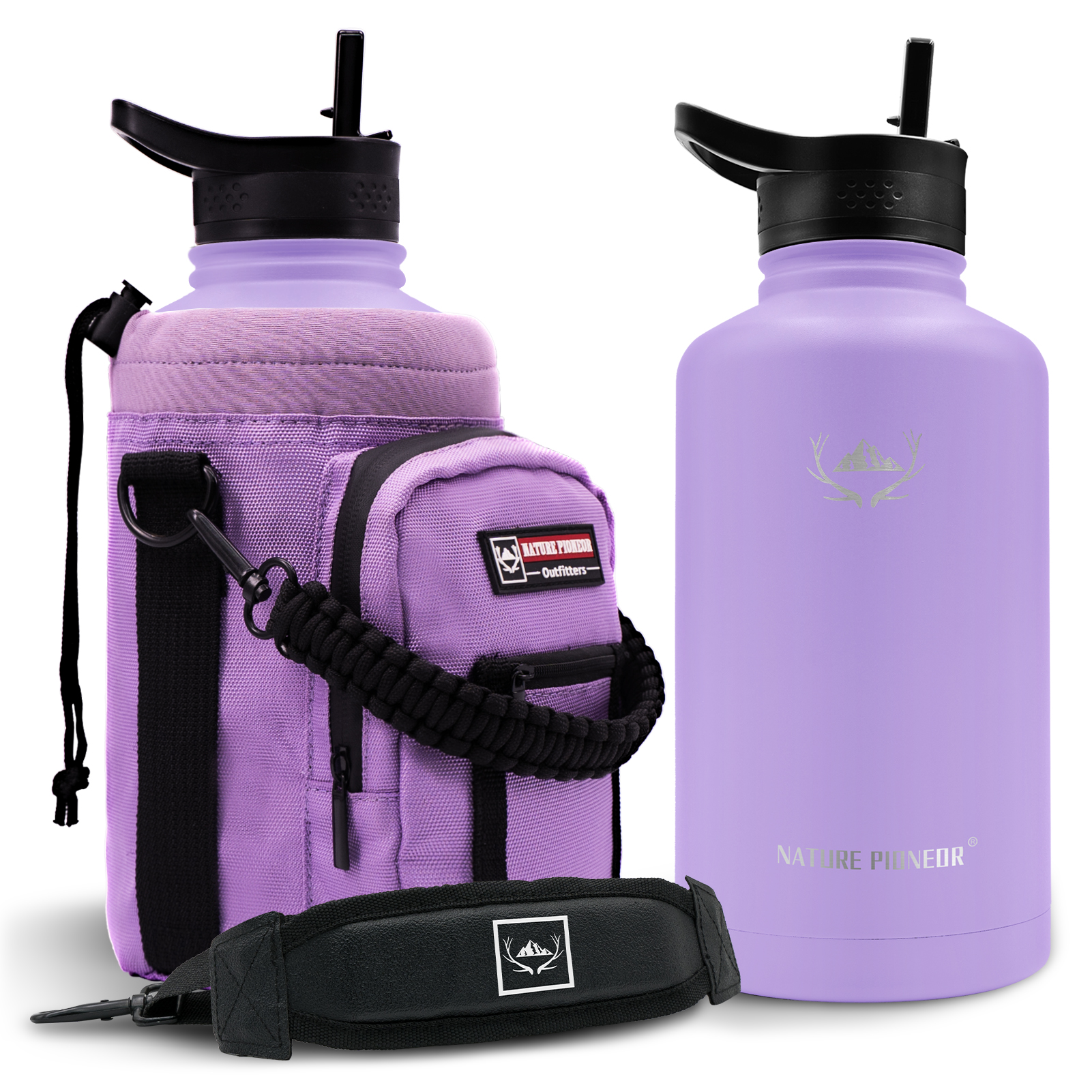 NATURE PIONEOR 64 oz Vacuum Insulated Water Bottle Set with Carrying Holder, 18/8 Food Grade Stainless Steel One Gallon Jug, Beer Growler with Carrier Pouch for Outdoor Camping