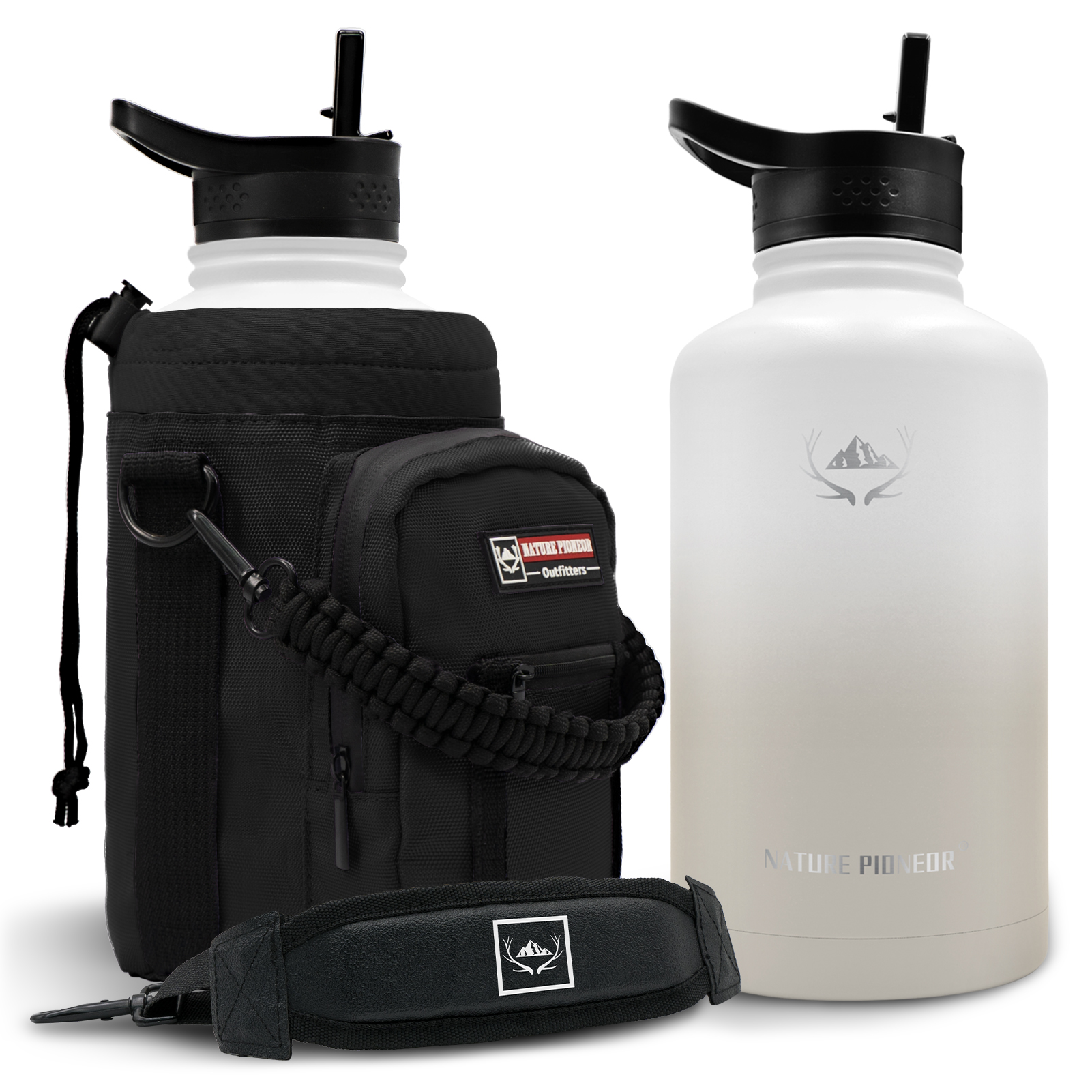 NATURE PIONEOR 64 oz Vacuum Insulated Water Bottle Set with Carrying Holder, 18/8 Food Grade Stainless Steel One Gallon Jug, Beer Growler with Carrier Pouch for Outdoor Camping