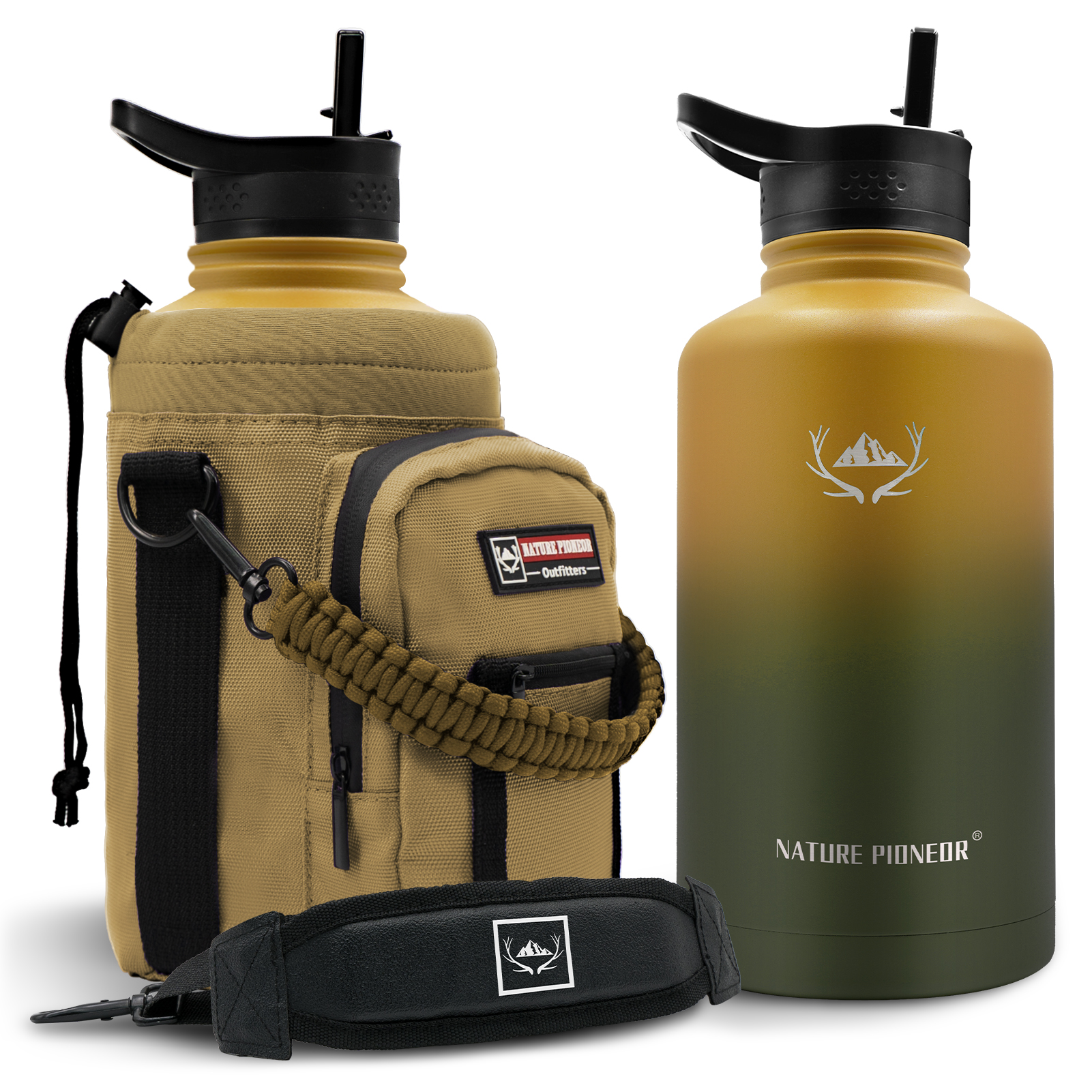 NATURE PIONEOR 64 oz Vacuum Insulated Water Bottle Set with Carrying Holder, 18/8 Food Grade Stainless Steel One Gallon Jug, Beer Growler with Carrier Pouch for Outdoor Camping