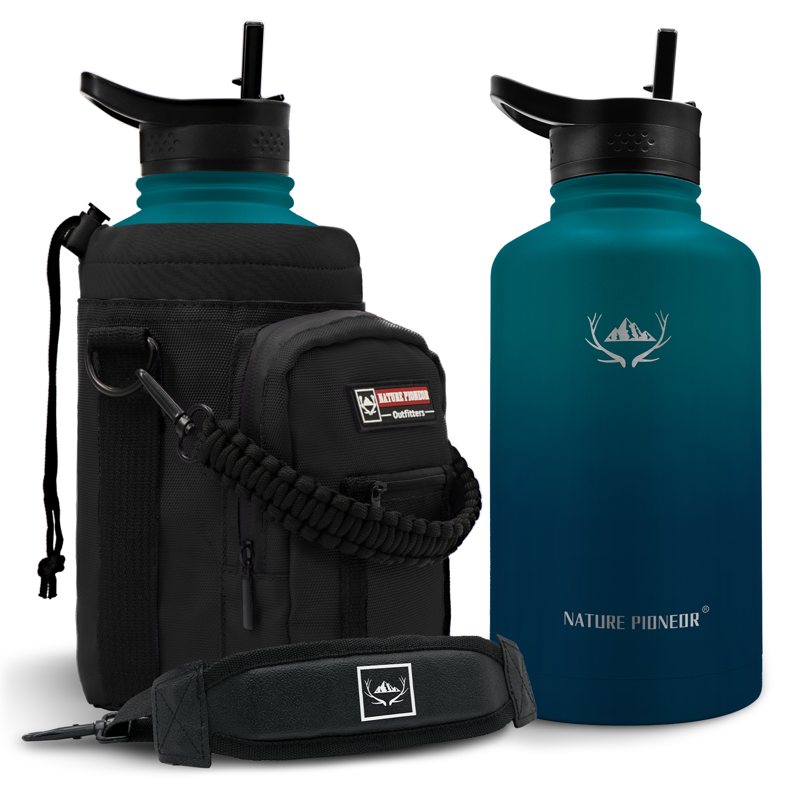NATURE PIONEOR 64 oz Vacuum Insulated Water Bottle Set with Carrying Holder, 18/8 Food Grade Stainless Steel One Gallon Jug, Beer Growler with Carrier Pouch for Outdoor Camping