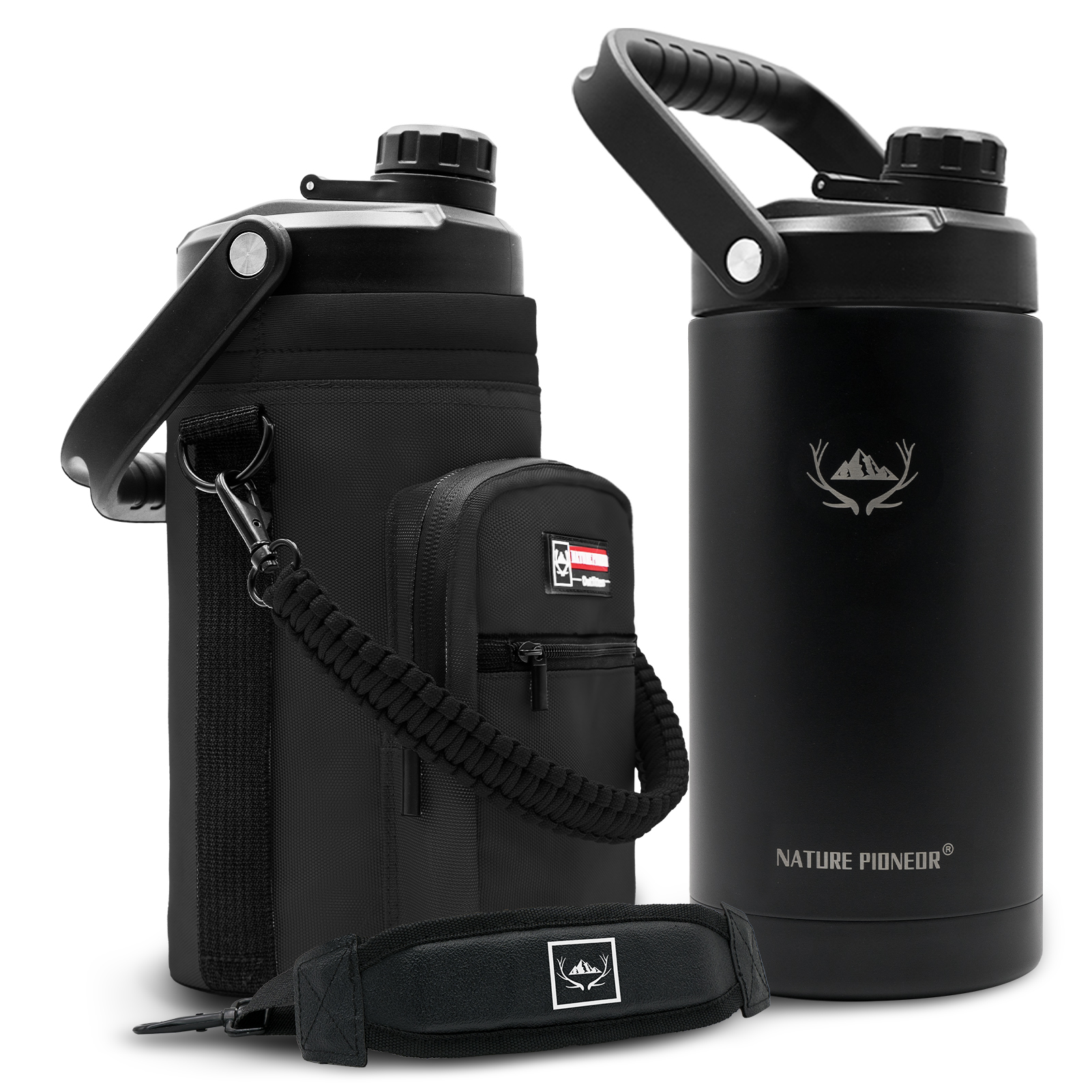 NATURE PIONEOR 1 Gallon Insulated Water Bottle - Double Vacuum Stainless Steel 128/64/84 oz Water Bottle with Holder/Carrier, Wide Mouth one/half gallon Water Jug for Outdoor Sports, Hiking, Camping, Gym