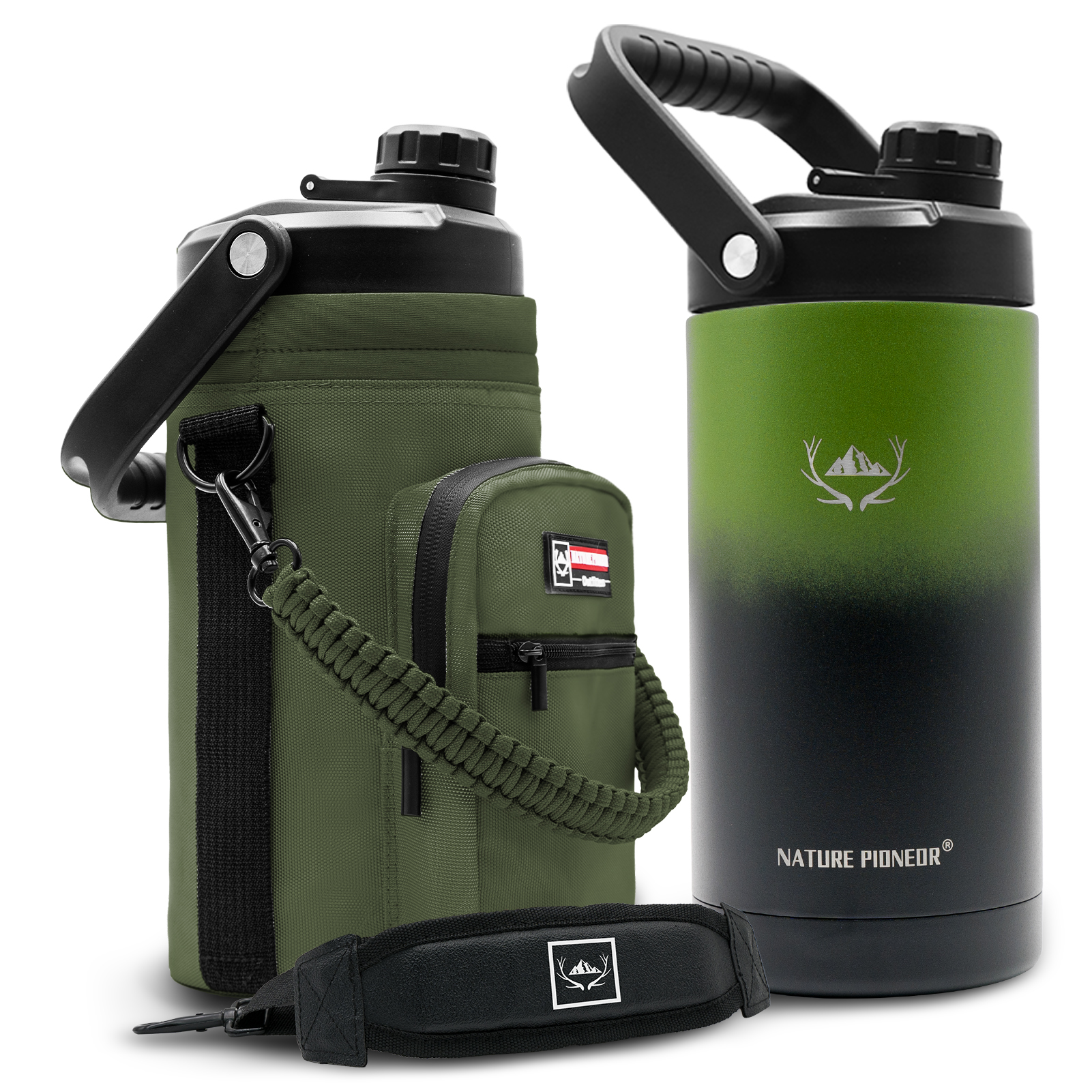 NATURE PIONEOR 1 Gallon Insulated Water Bottle - Double Vacuum Stainless Steel 128/64/84 oz Water Bottle with Holder/Carrier, Wide Mouth one/half gallon Water Jug for Outdoor Sports, Hiking, Camping, Gym