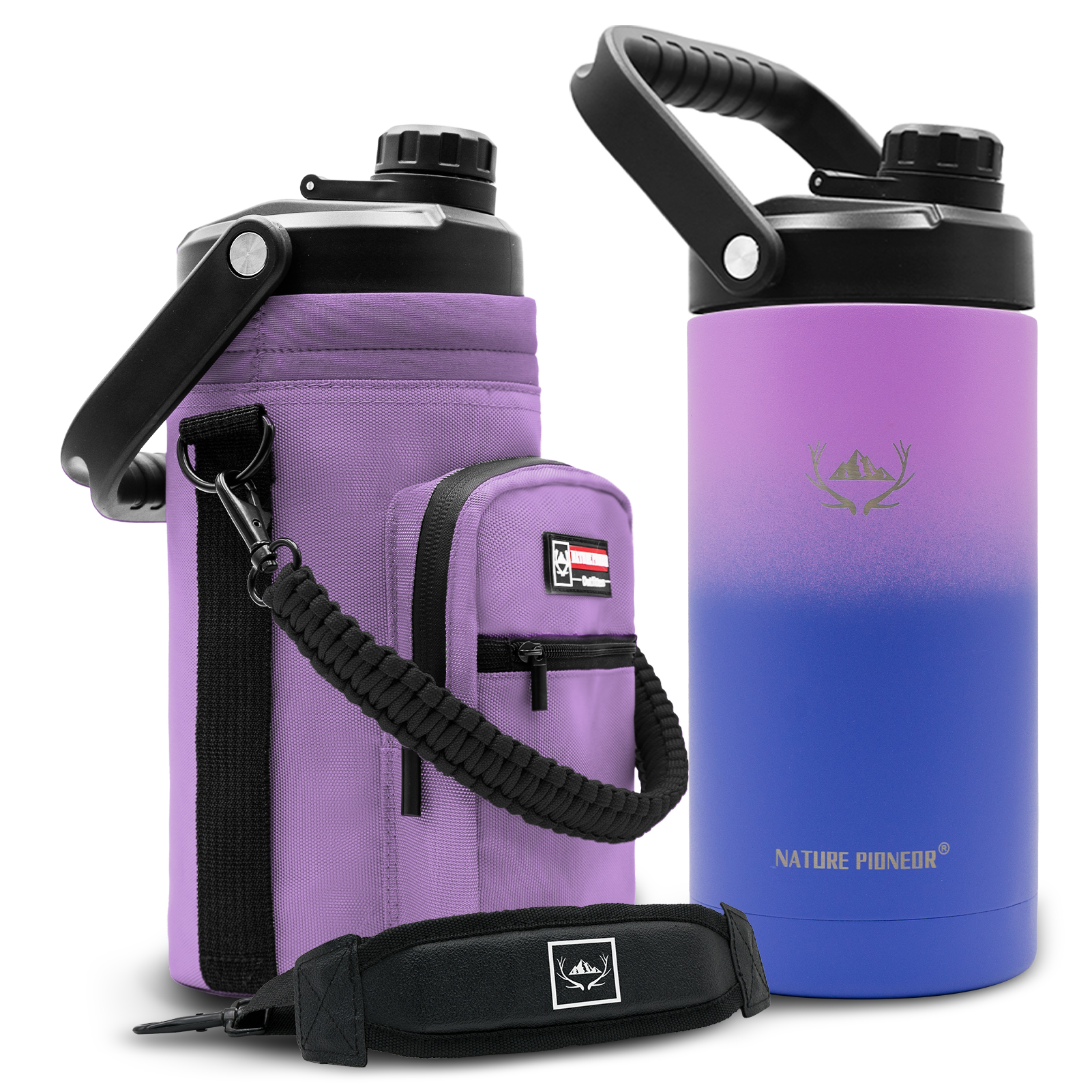 NATURE PIONEOR 1 Gallon Insulated Water Bottle - Double Vacuum Stainless Steel 128/64/84 oz Water Bottle with Holder/Carrier, Wide Mouth one/half gallon Water Jug for Outdoor Sports, Hiking, Camping, Gym