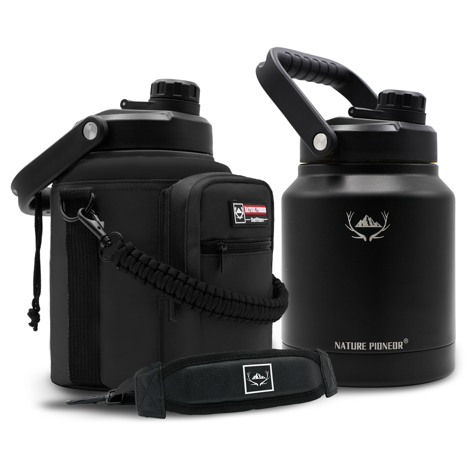 NATURE PIONEOR 1 Gallon Insulated Water Bottle - Double Vacuum Stainless Steel 128/64/84 oz Water Bottle with Holder/Carrier, Wide Mouth one/half gallon Water Jug for Outdoor Sports, Hiking, Camping, Gym