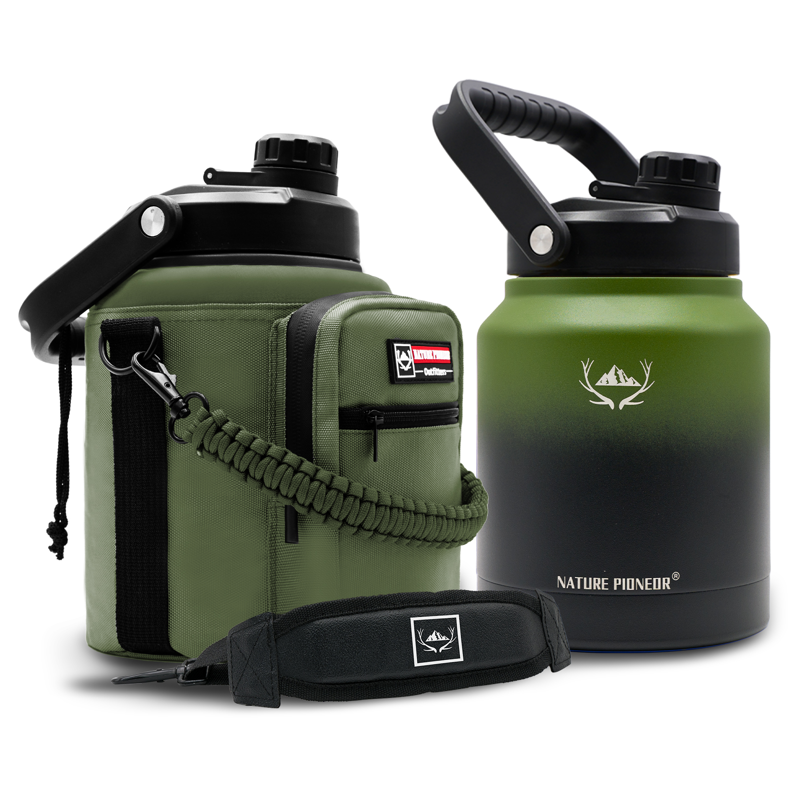 NATURE PIONEOR 1 Gallon Insulated Water Bottle - Double Vacuum Stainless Steel 128/64/84 oz Water Bottle with Holder/Carrier, Wide Mouth one/half gallon Water Jug for Outdoor Sports, Hiking, Camping, Gym