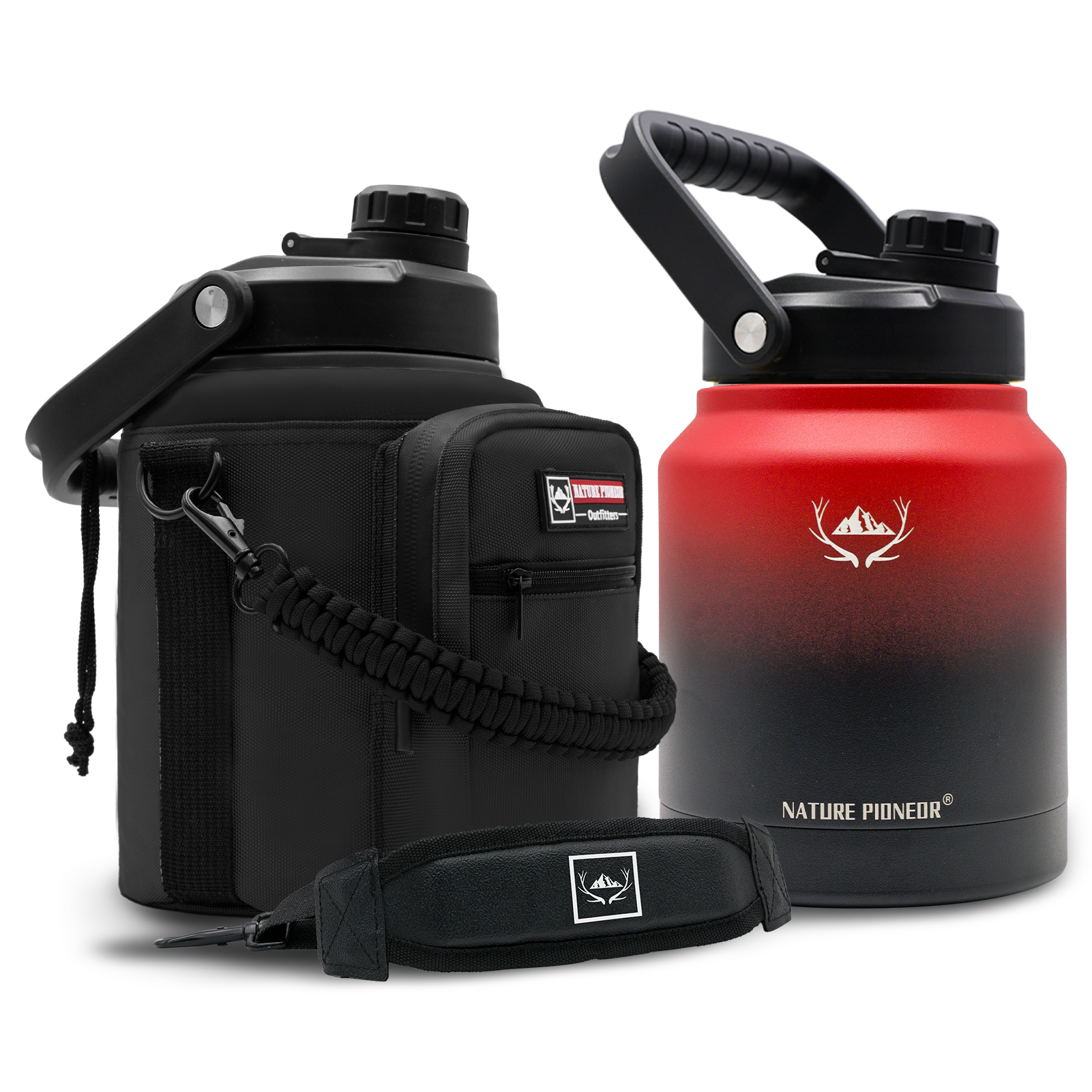 NATURE PIONEOR 1 Gallon Insulated Water Bottle - Double Vacuum Stainless Steel 128/64/84 oz Water Bottle with Holder/Carrier, Wide Mouth one/half gallon Water Jug for Outdoor Sports, Hiking, Camping, Gym