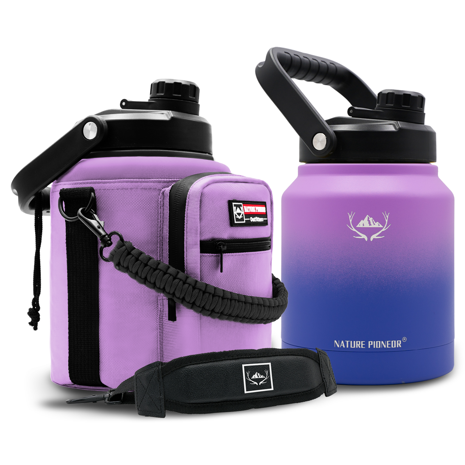NATURE PIONEOR 1 Gallon Insulated Water Bottle - Double Vacuum Stainless Steel 128/64/84 oz Water Bottle with Holder/Carrier, Wide Mouth one/half gallon Water Jug for Outdoor Sports, Hiking, Camping, Gym