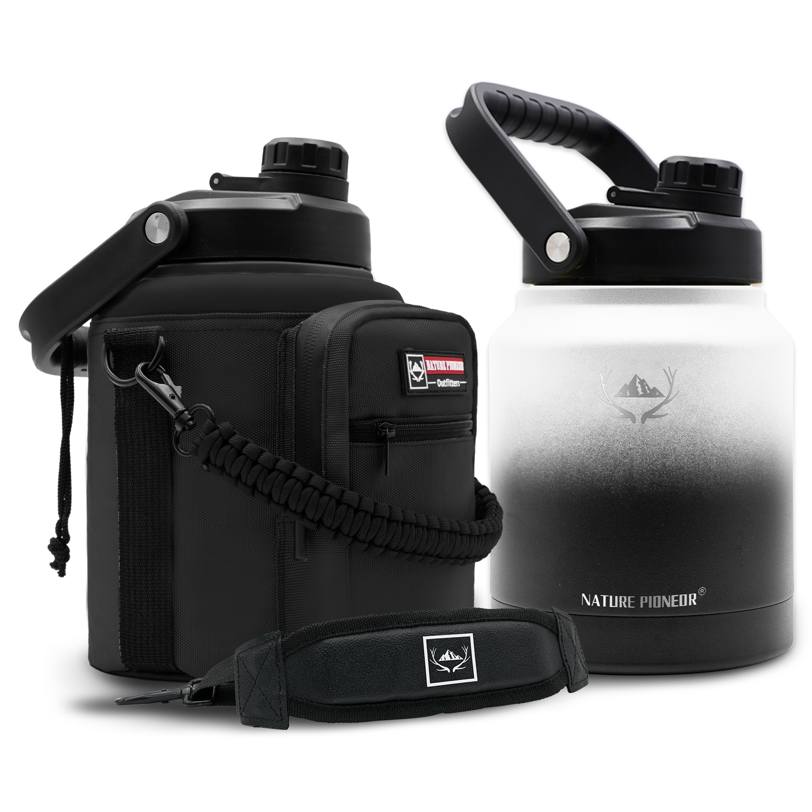 NATURE PIONEOR 1 Gallon Insulated Water Bottle - Double Vacuum Stainless Steel 128/64/84 oz Water Bottle with Holder/Carrier, Wide Mouth one/half gallon Water Jug for Outdoor Sports, Hiking, Camping, Gym