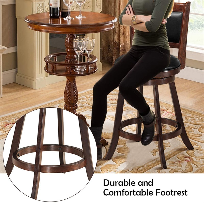 24′′ Bar Stool Set of 2 Wooden Swivel Counter Height Bar Stools Leathe
