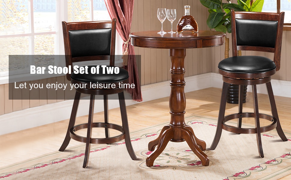 24′′ Bar Stool Set of 2 Wooden Swivel Counter Height Bar Stools Leathe