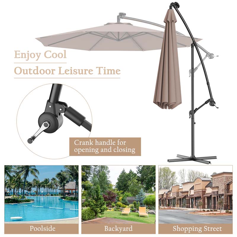 10 FT Offset Patio Umbrella with Solar LED Lights & Cross Base, Large