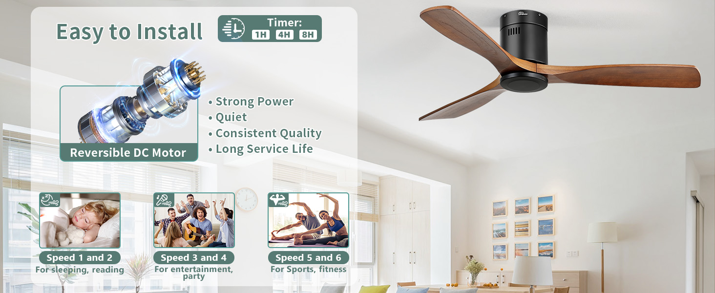 Sofucor 52 Inch Low Profile Ceiling Fan Reversible DC Motor Remote Control Without Light