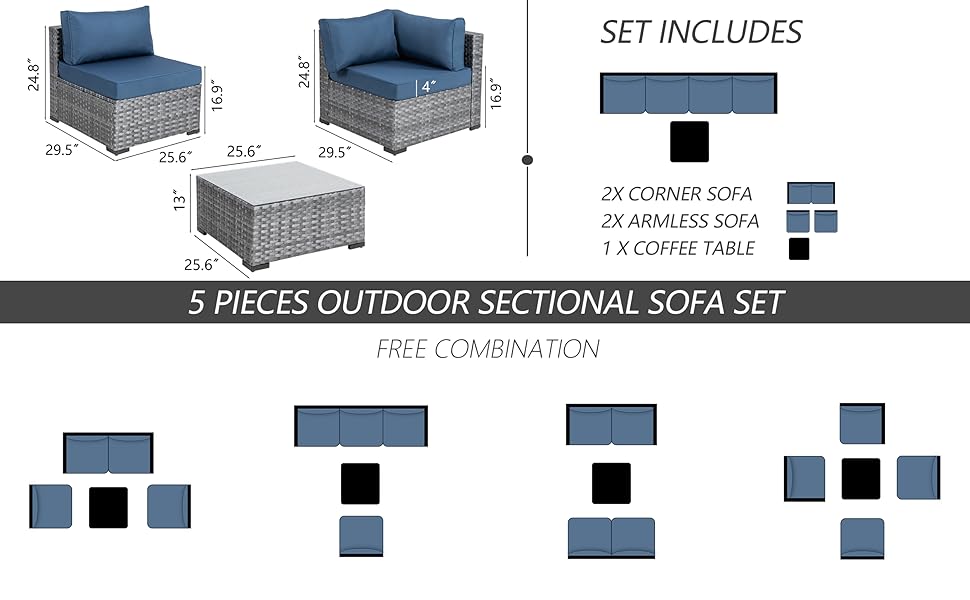 Shintenchi 5 Pieces Outdoor Patio Sectional Sofa Couch