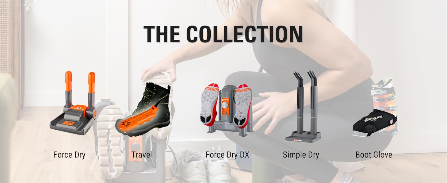 collection of dry guy products overlayed over image of woman using dryguy product