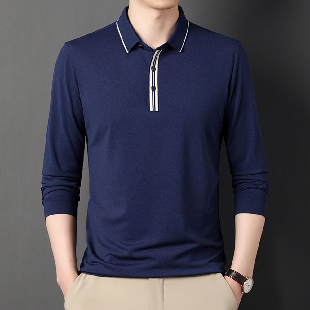 Autumn Men's Loose Button Solid Color Long Sleeve POLO Shirt