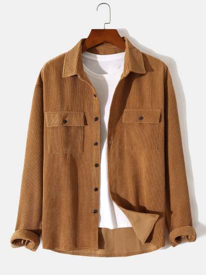 Long Sleeved Corduroy Button Up Shirt With Pockets-Mitchell Shoes